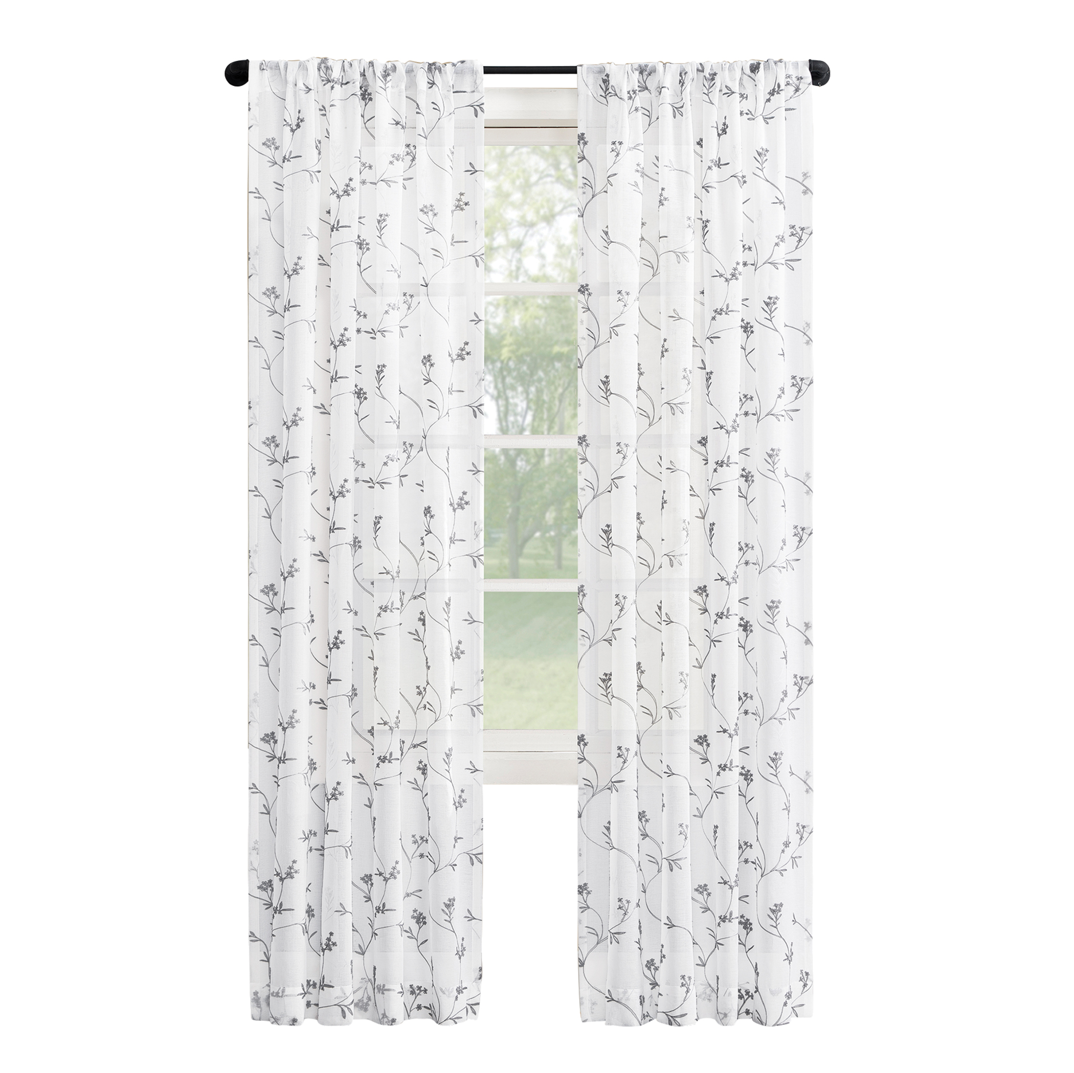 Sheer Floral Embroidered Rod Pocket Curtains 50" x 84" White, 50" x 84"