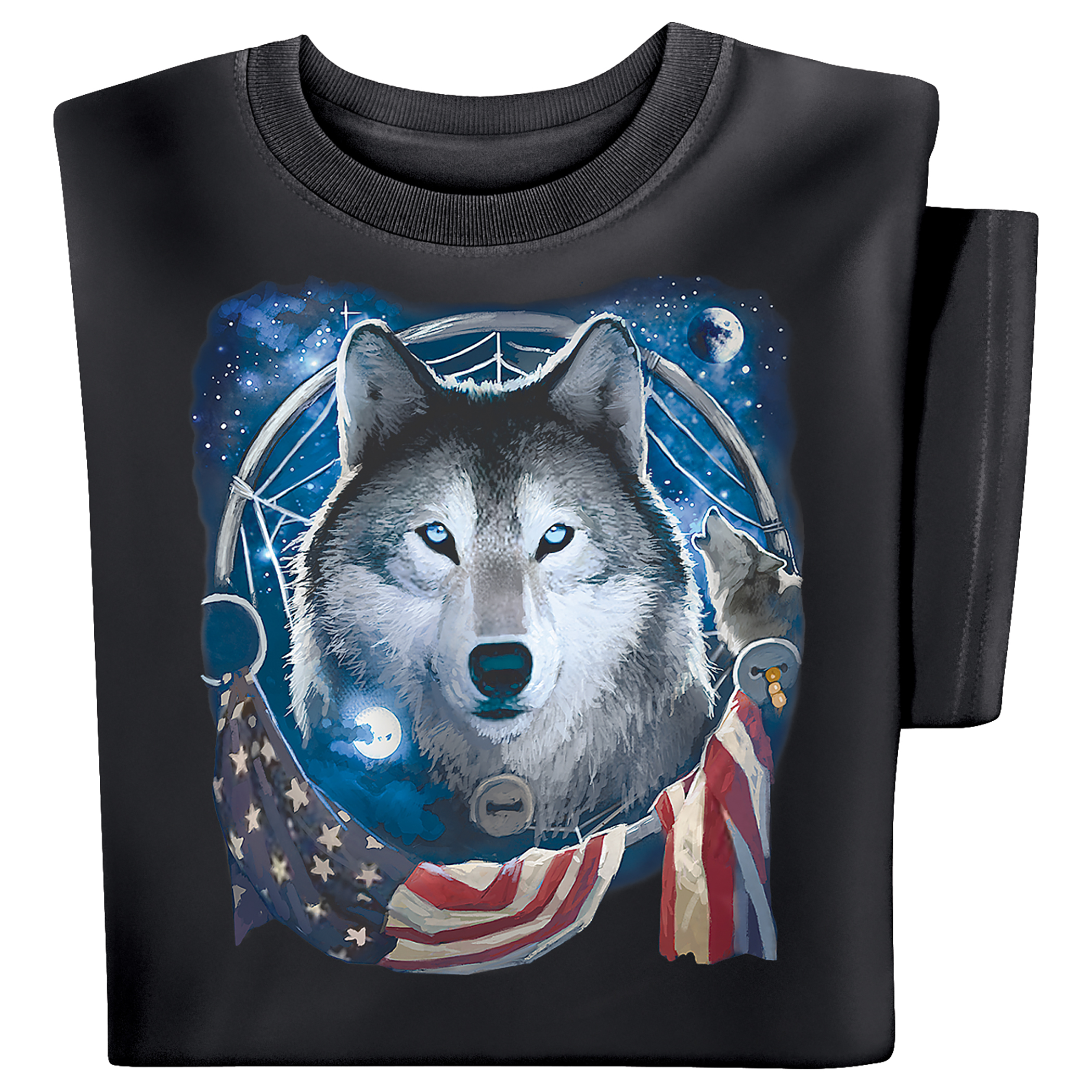 Patriotic Wolf Dreamcatcher Flag Short Sleeve Graphic T-Shirt Medium Women Black