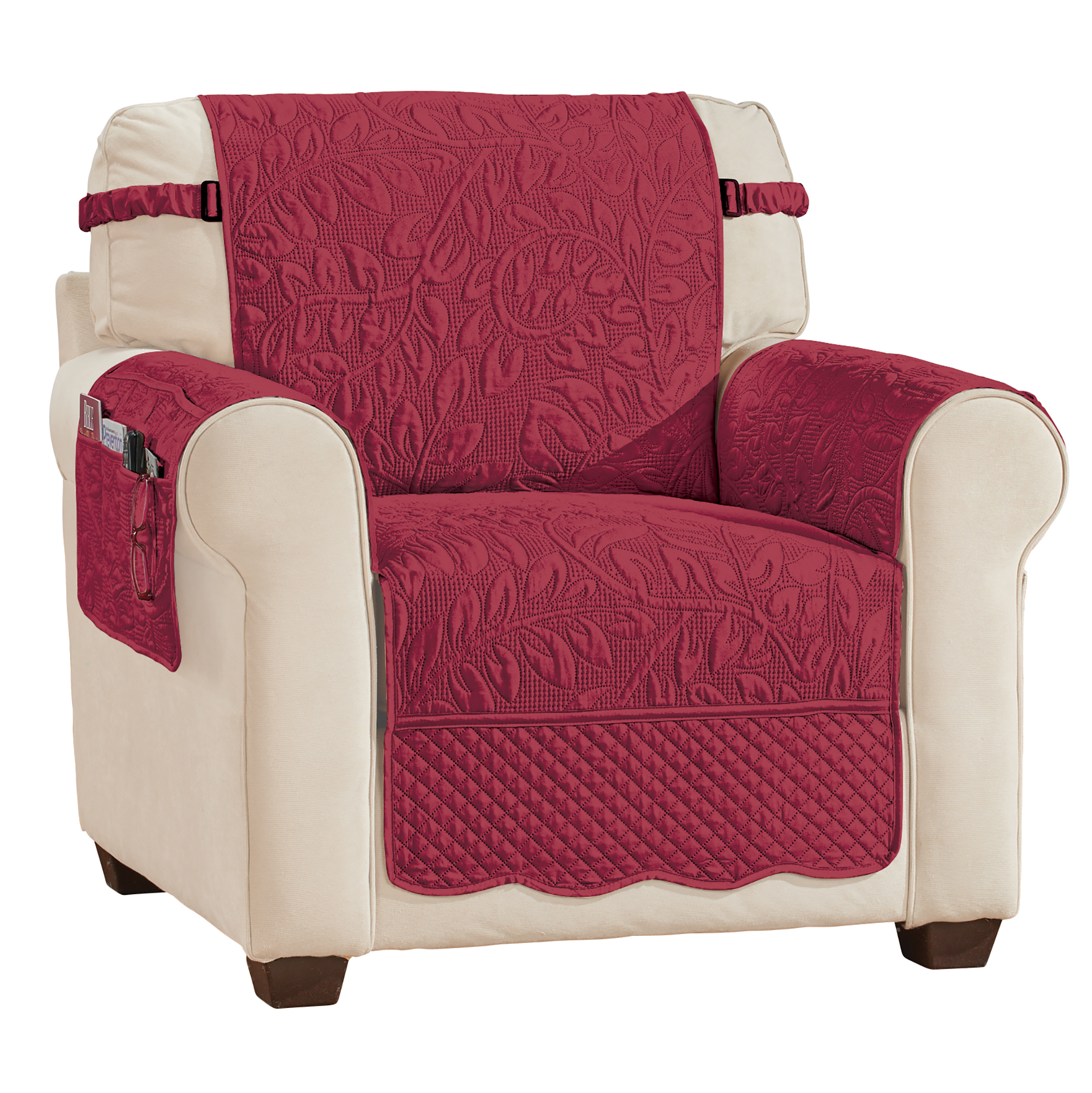 Quilted Textured Leaf Pattern Scalloped Edge Furniture Cover with Side Pockets Chair Burgundy
