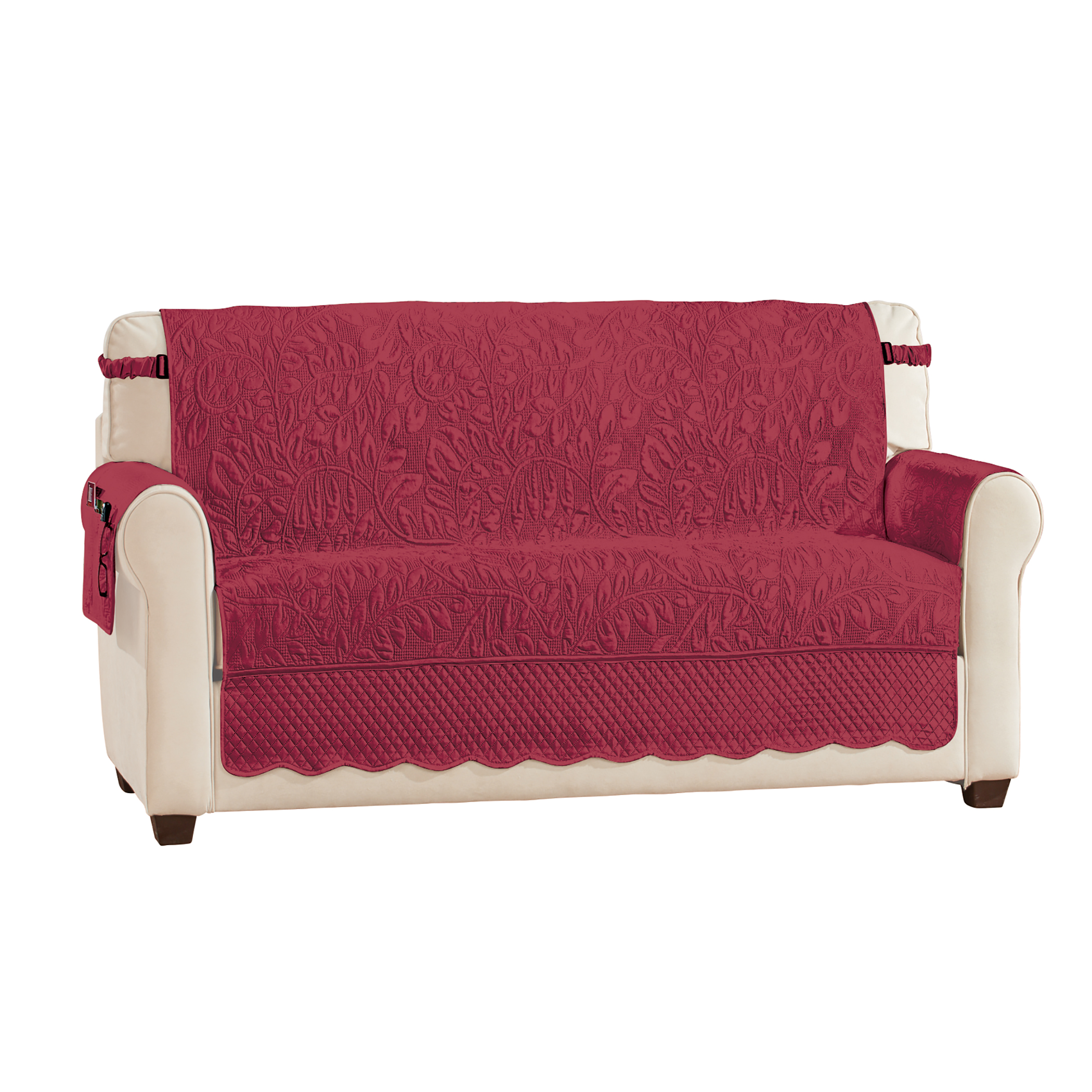 Quilted Textured Leaf Pattern Scalloped Edge Furniture Cover with Side Pockets Loveseat Burgundy