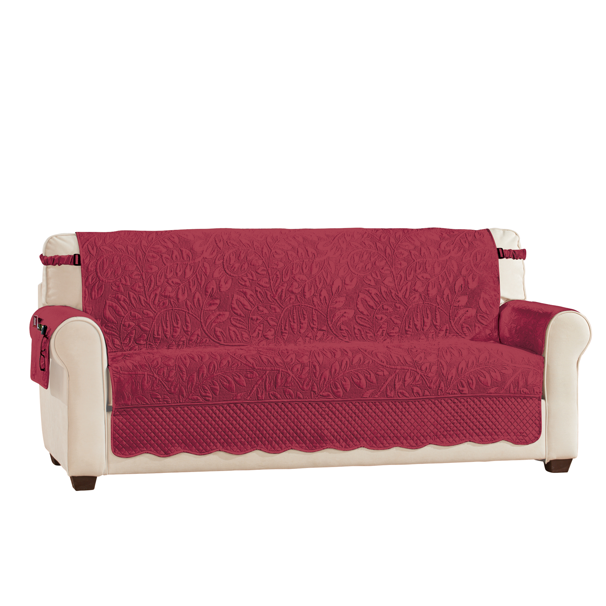 Quilted Textured Leaf Pattern Scalloped Edge Furniture Cover with Side Pockets Sofa Burgundy