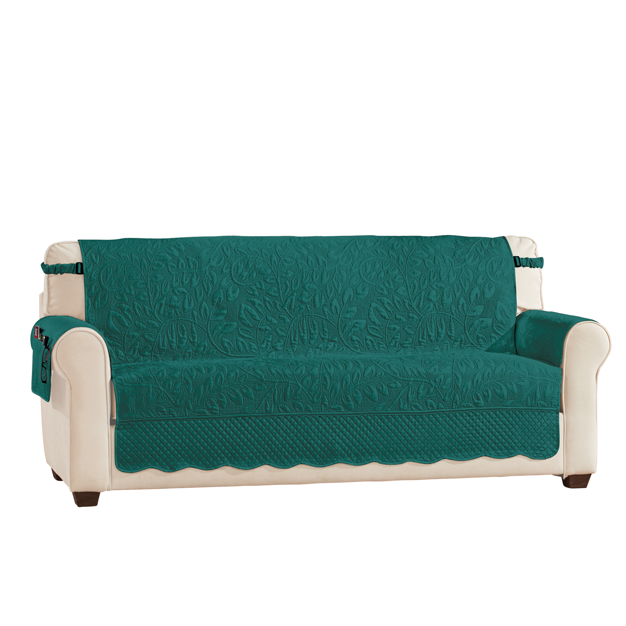 Quilted Textured Leaf Pattern Scalloped Edge Furniture Cover with Side Pockets Sofa Green