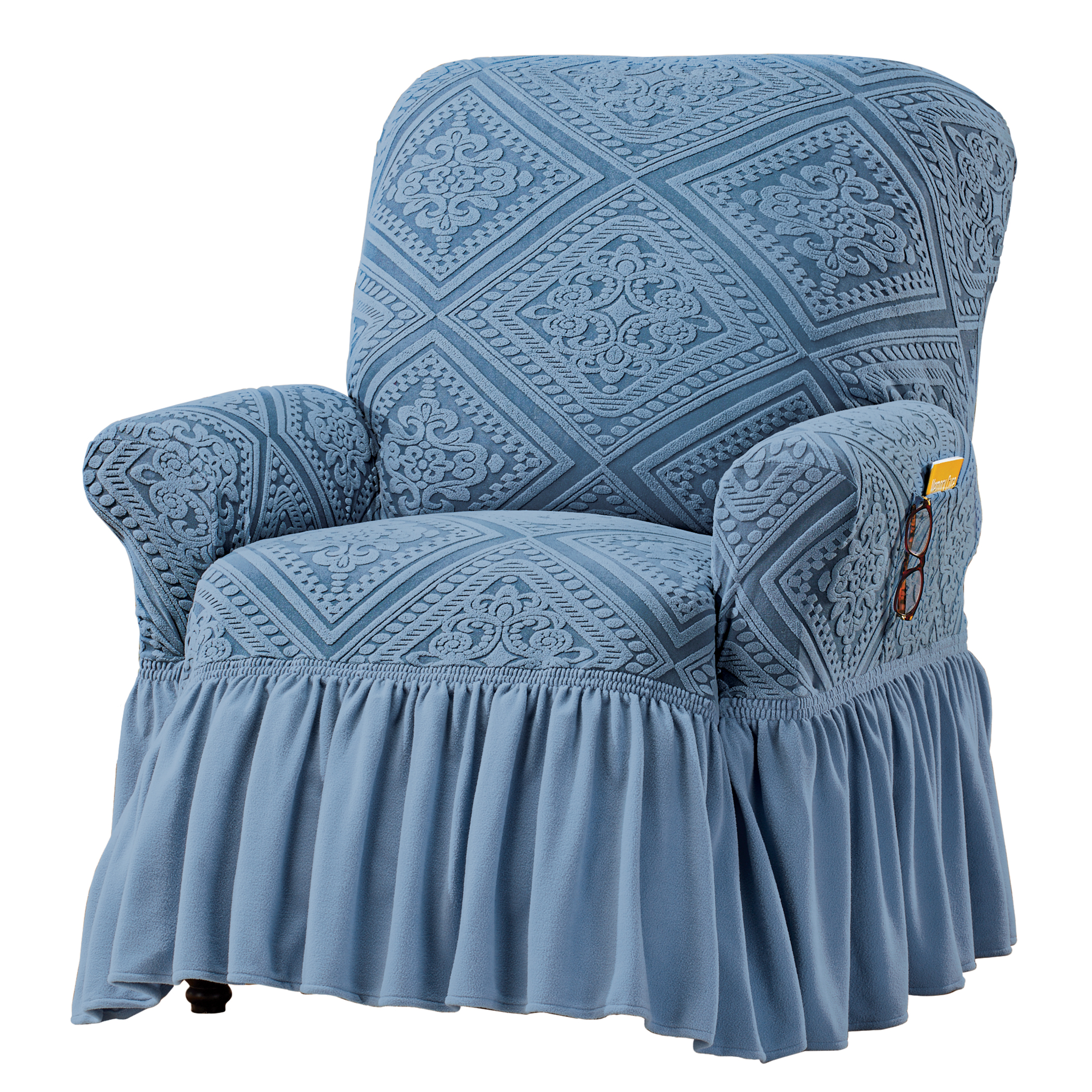 Stylish Trellis Design Ruffled Border Stretch Furniture Cover Recliner Blue