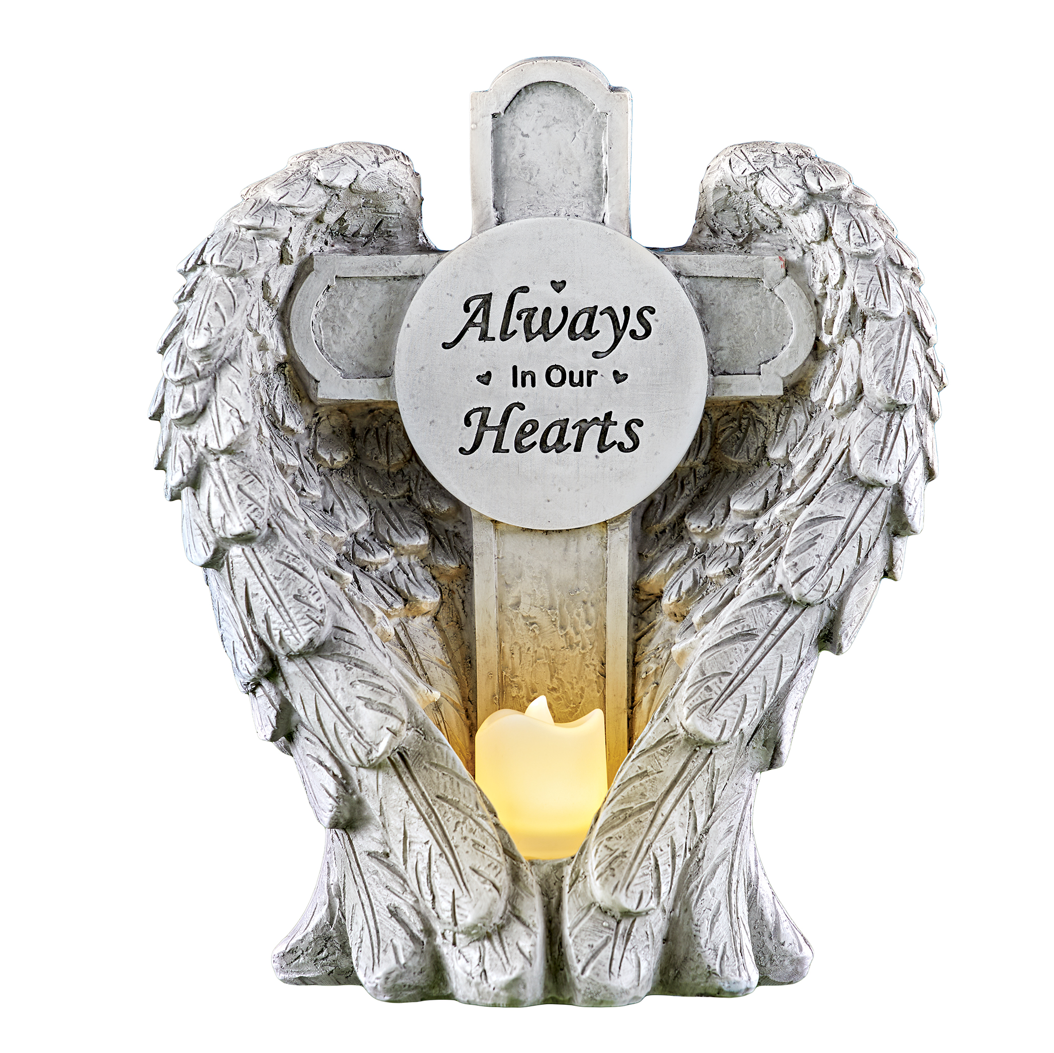Solar Powered Always in our Hearts Cross with Angel Wings Garden Statue