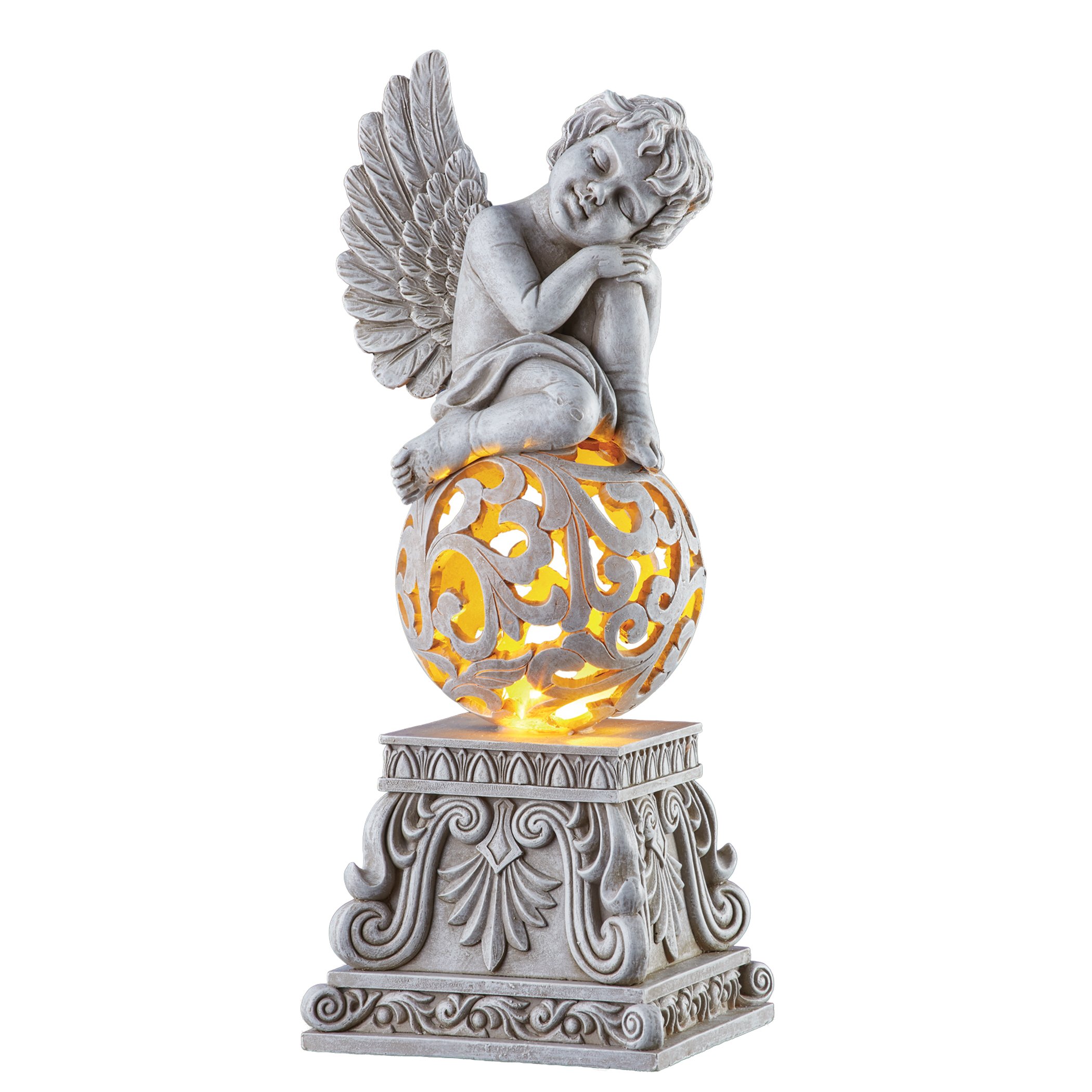 Enchanting Leaning Cherub on Solar Powered Balled Garden Statue