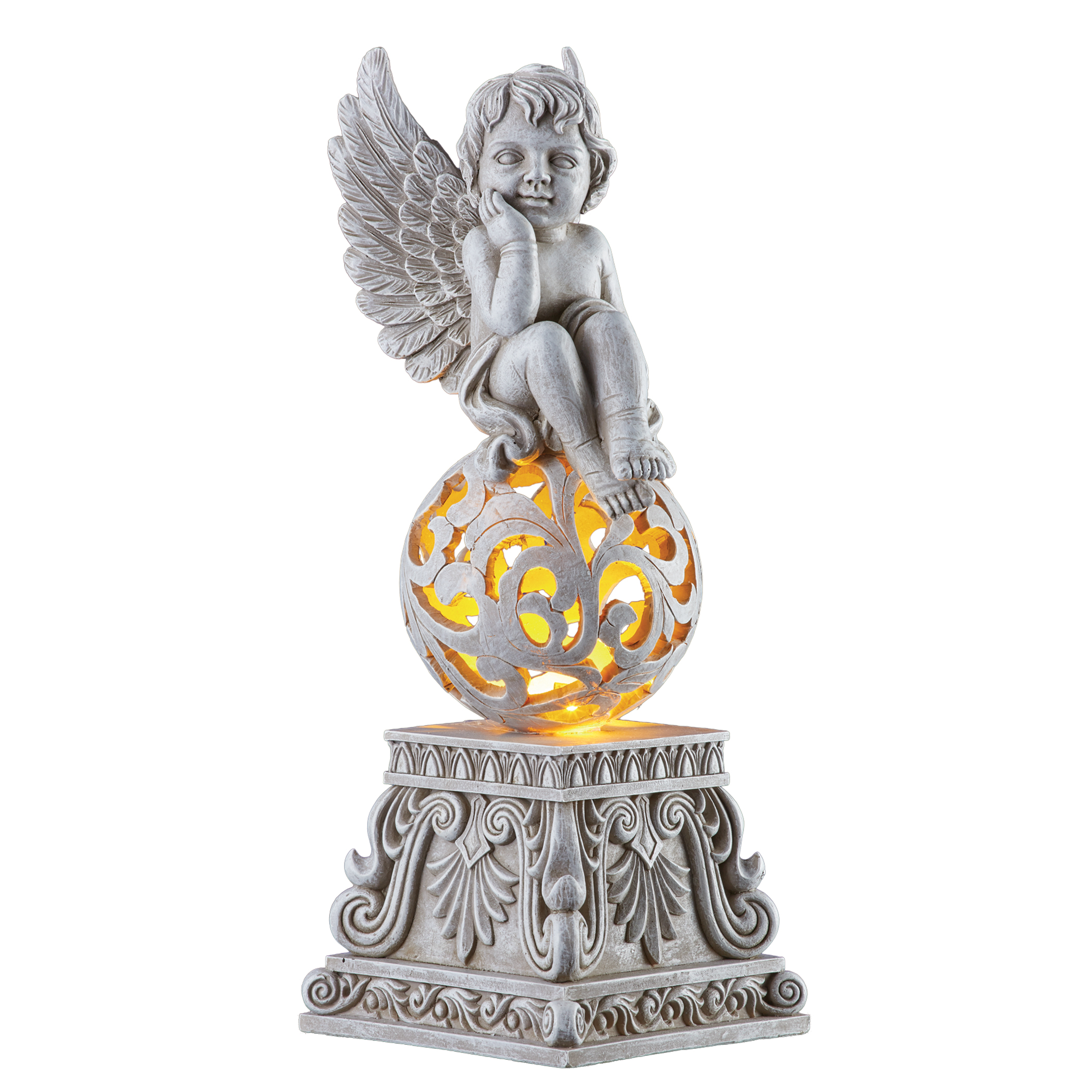 Enchanting Sitting Cherub on Solar Powered Ball Garden Sculpture