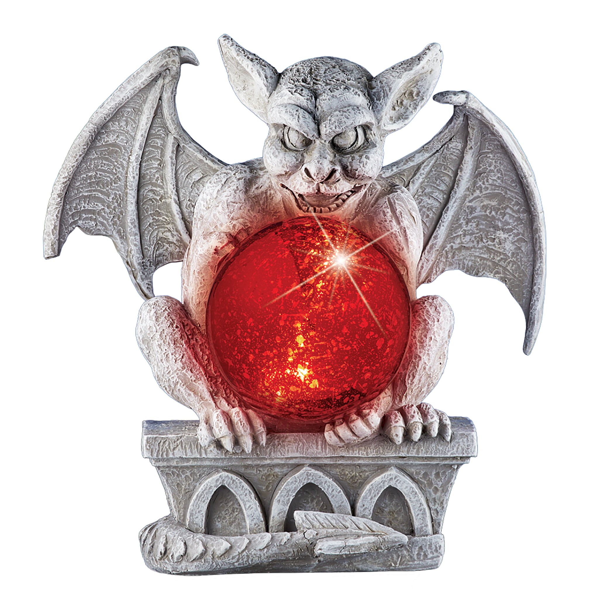 Hand-Painted Stone Detailed Gargoyle with Solar Powered Gazing Ball