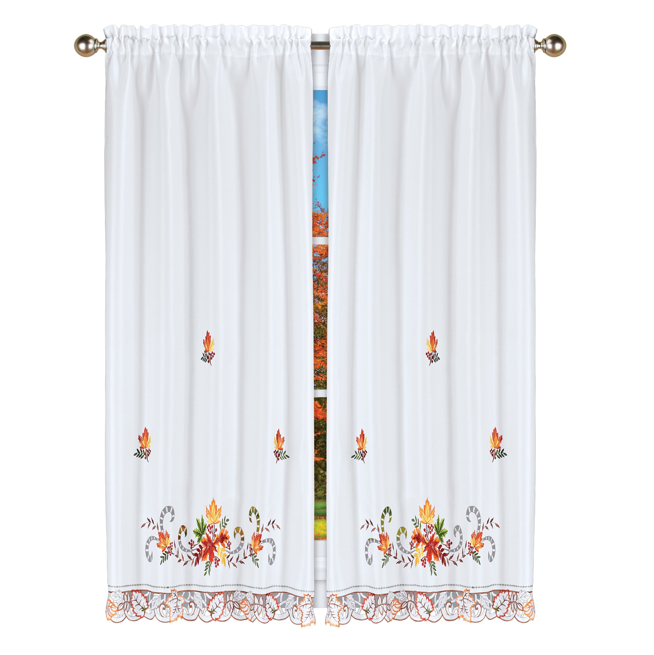 Embroidered Autumn Maple Leaf Drapes with Tiebacks Included 63" Panel