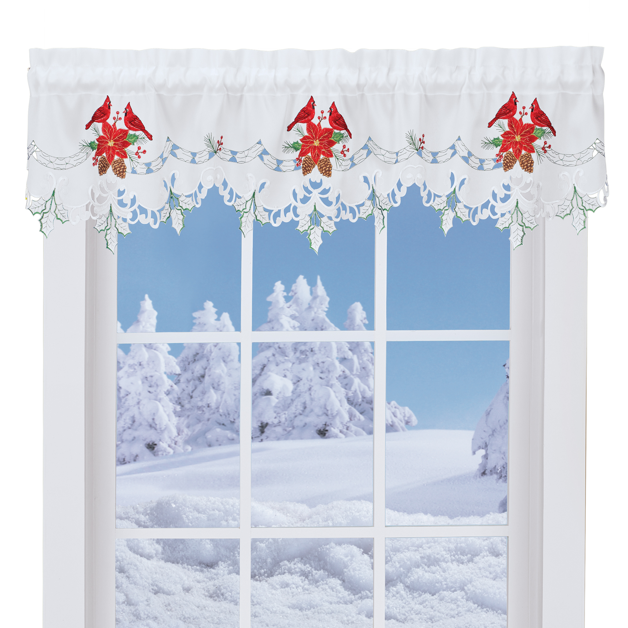 Embroidered Cardinal Poinsettia Festive Window Valance Valance