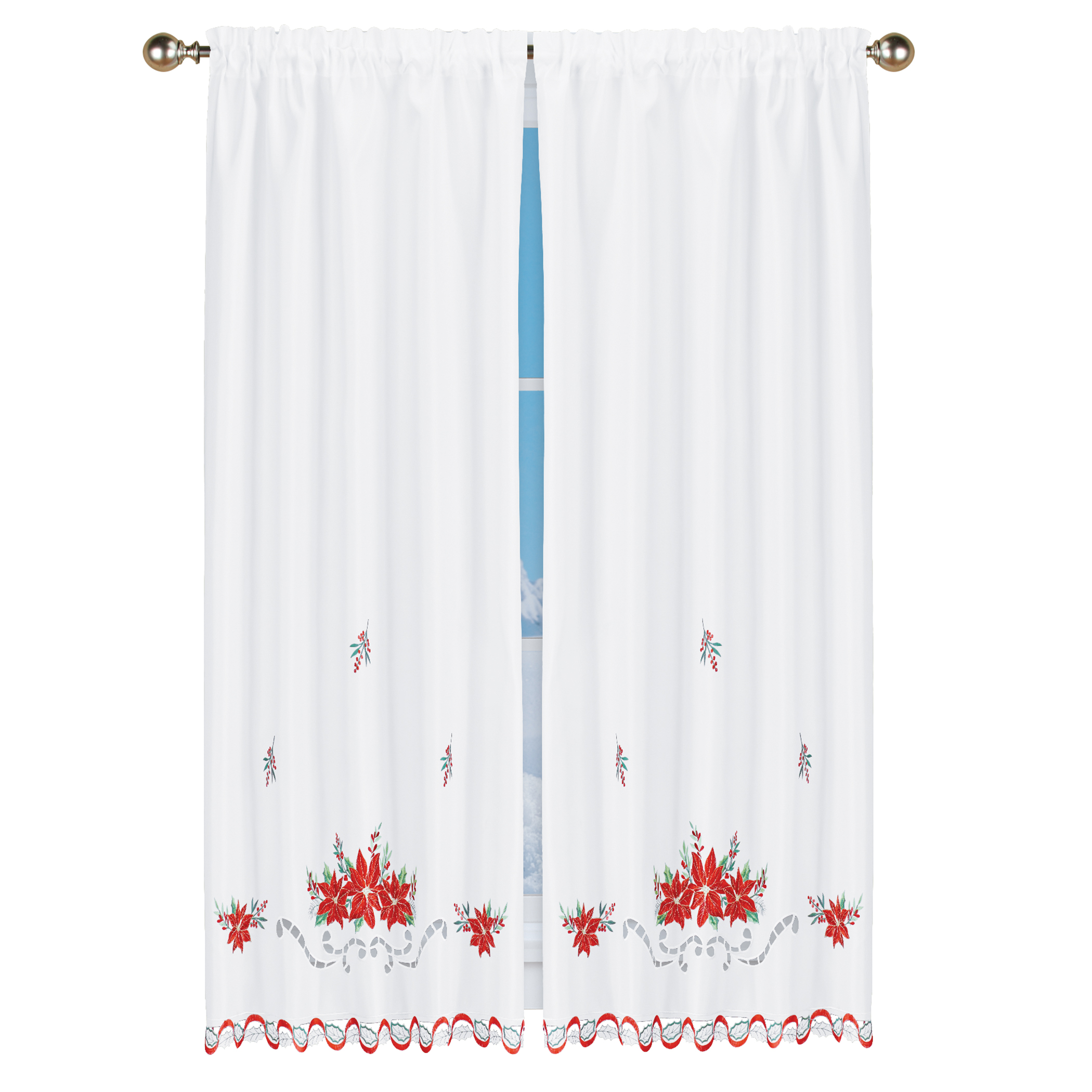 Embroidered Poinsettia Scroll Scalloped Edge Drapes 63" Panel