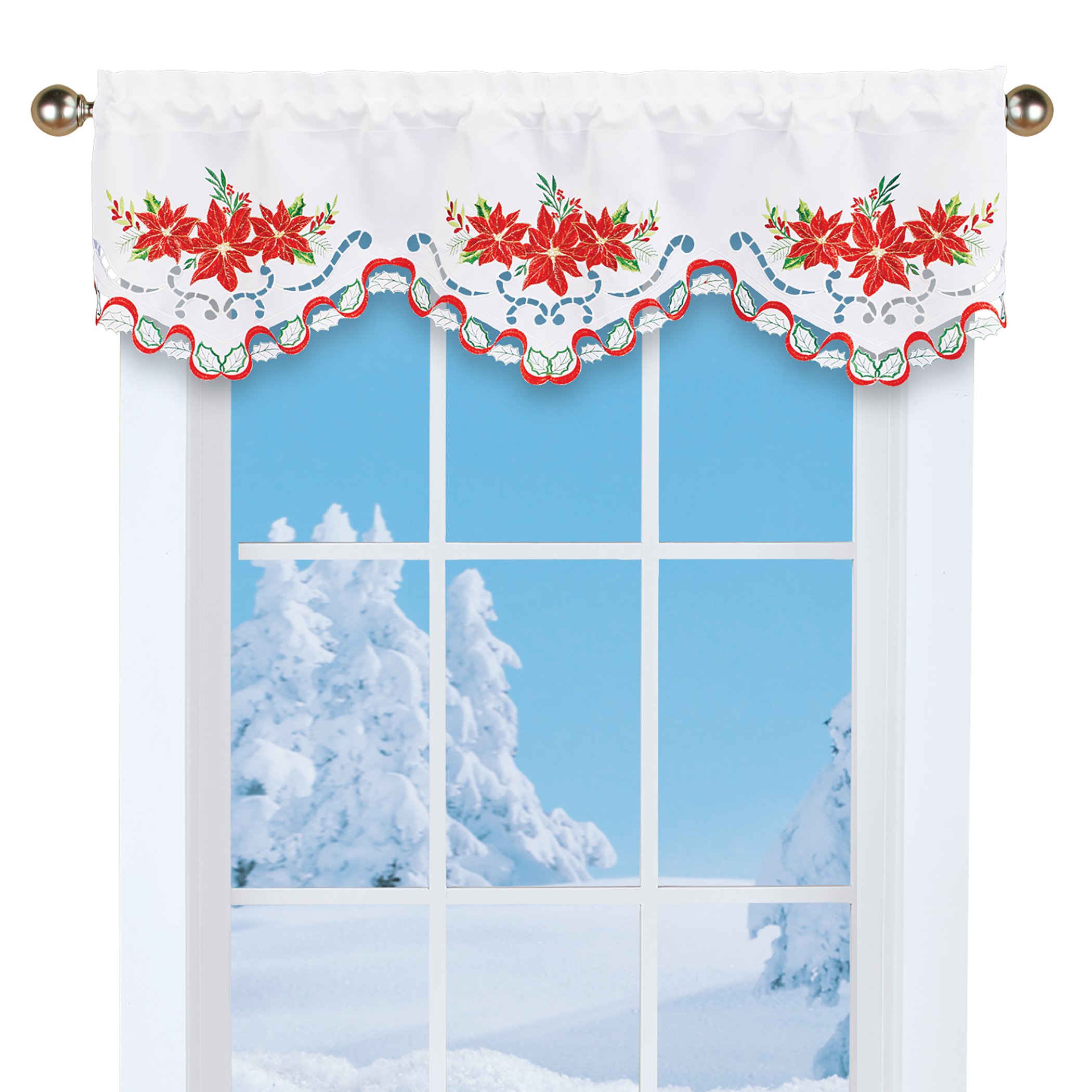 Embroidered Poinsettia Scroll Scalloped Edge Drapes Valance