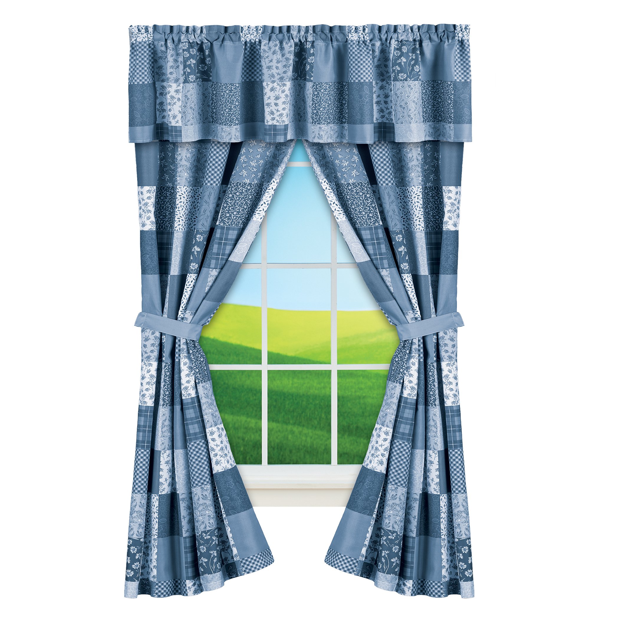 5-Piece Classic Country Patchwork Curtain Set Blue