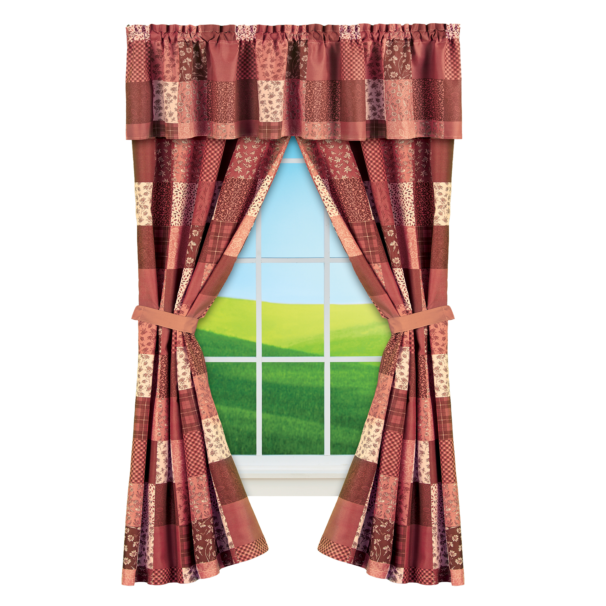 5-Piece Classic Country Patchwork Curtain Set Burgundy