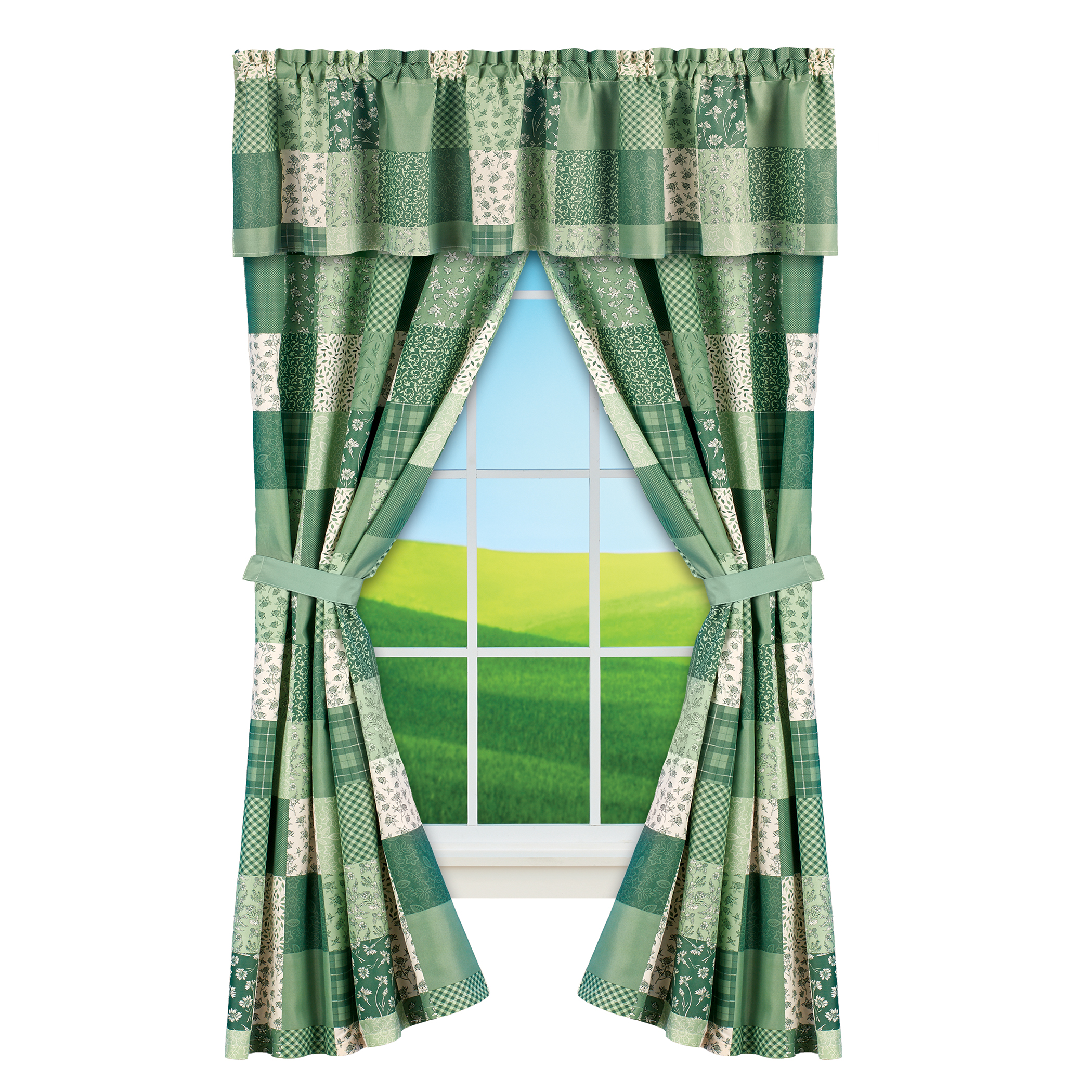 5-Piece Classic Country Patchwork Curtain Set Sage