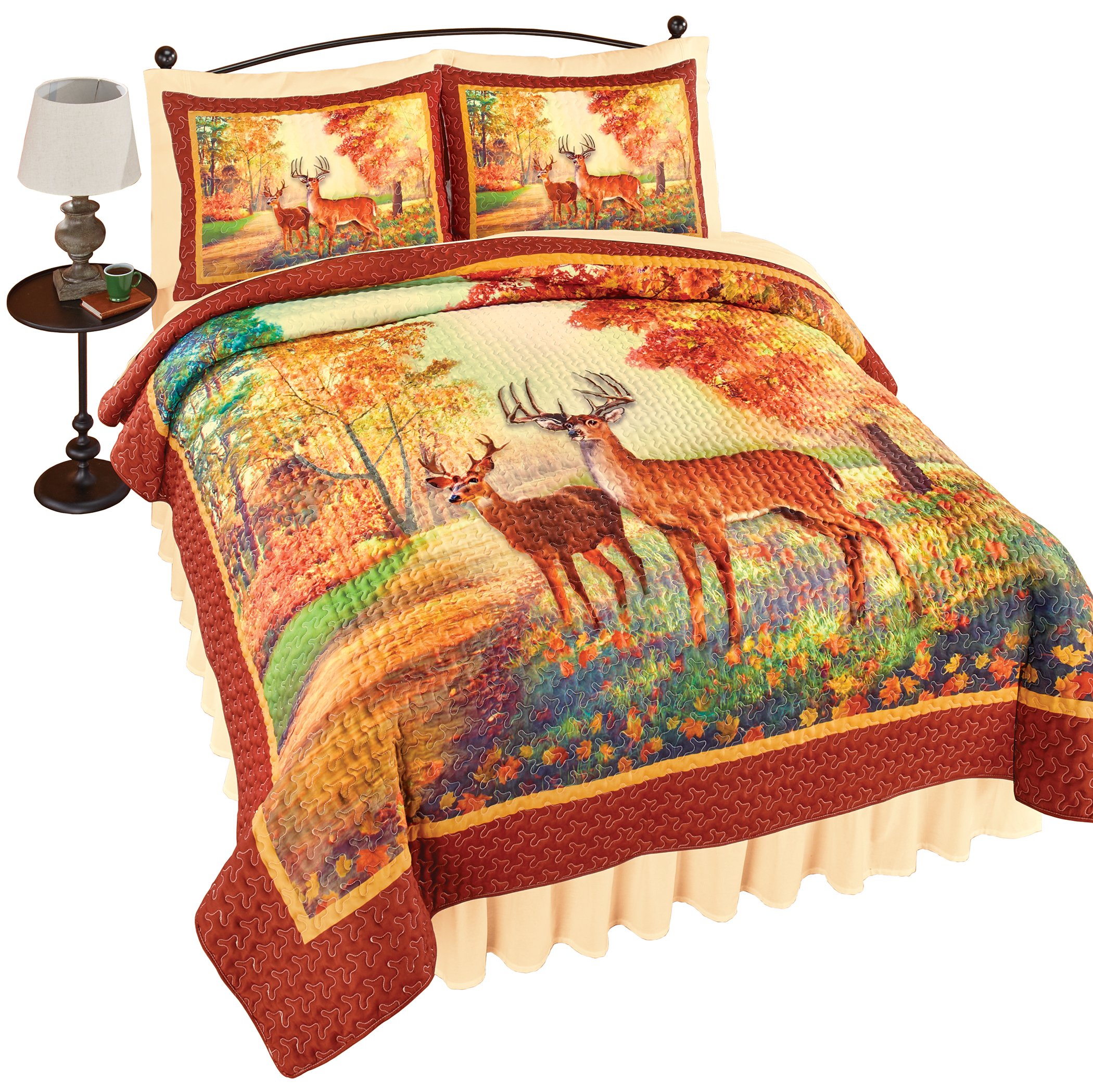 Charming Autumn Forest Path Deer Scene Quilt King Gender Neutral Multi