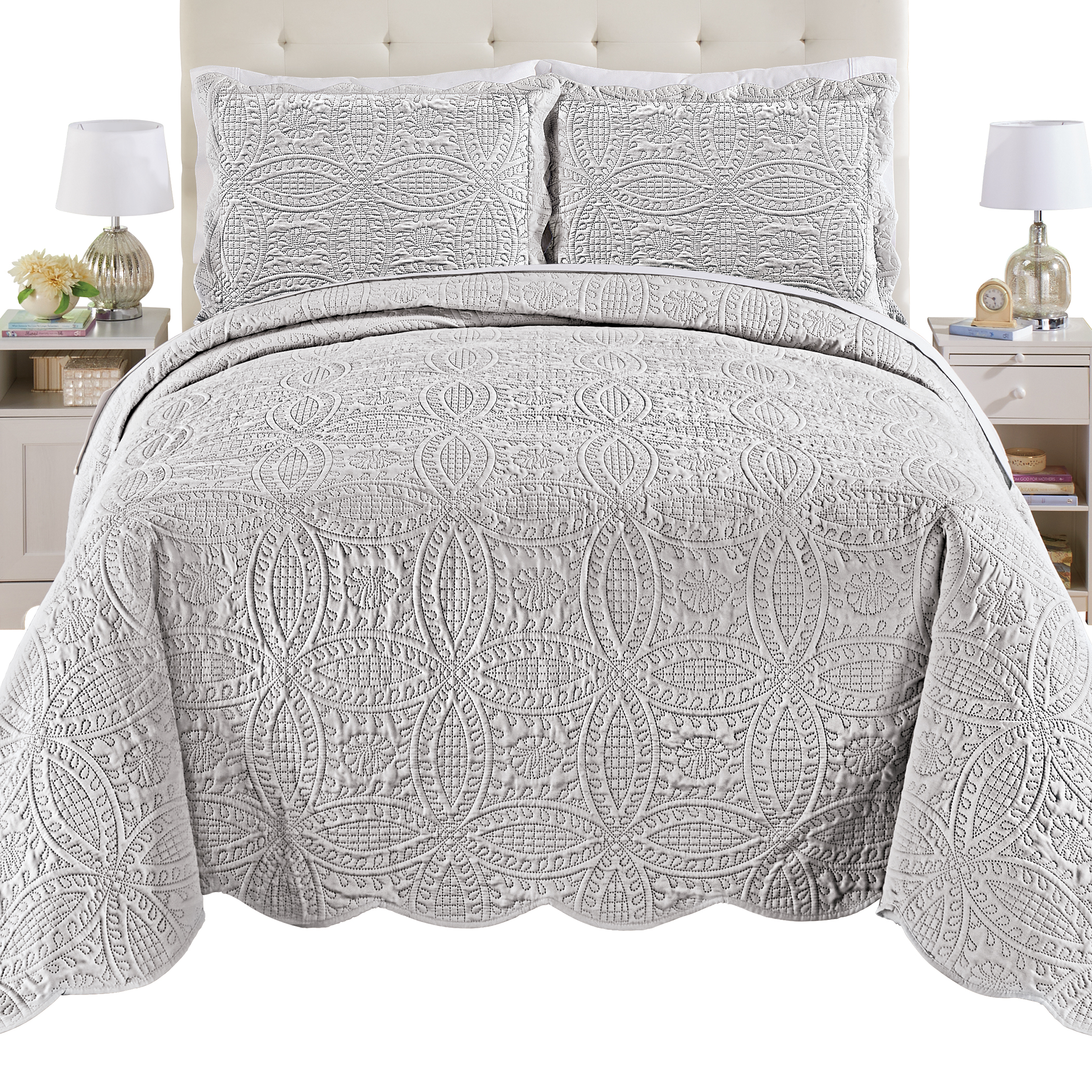 Bridget Textured Ring Design Oversized Scalloped Edge Bedspread Queen Gender Neutral Grey
