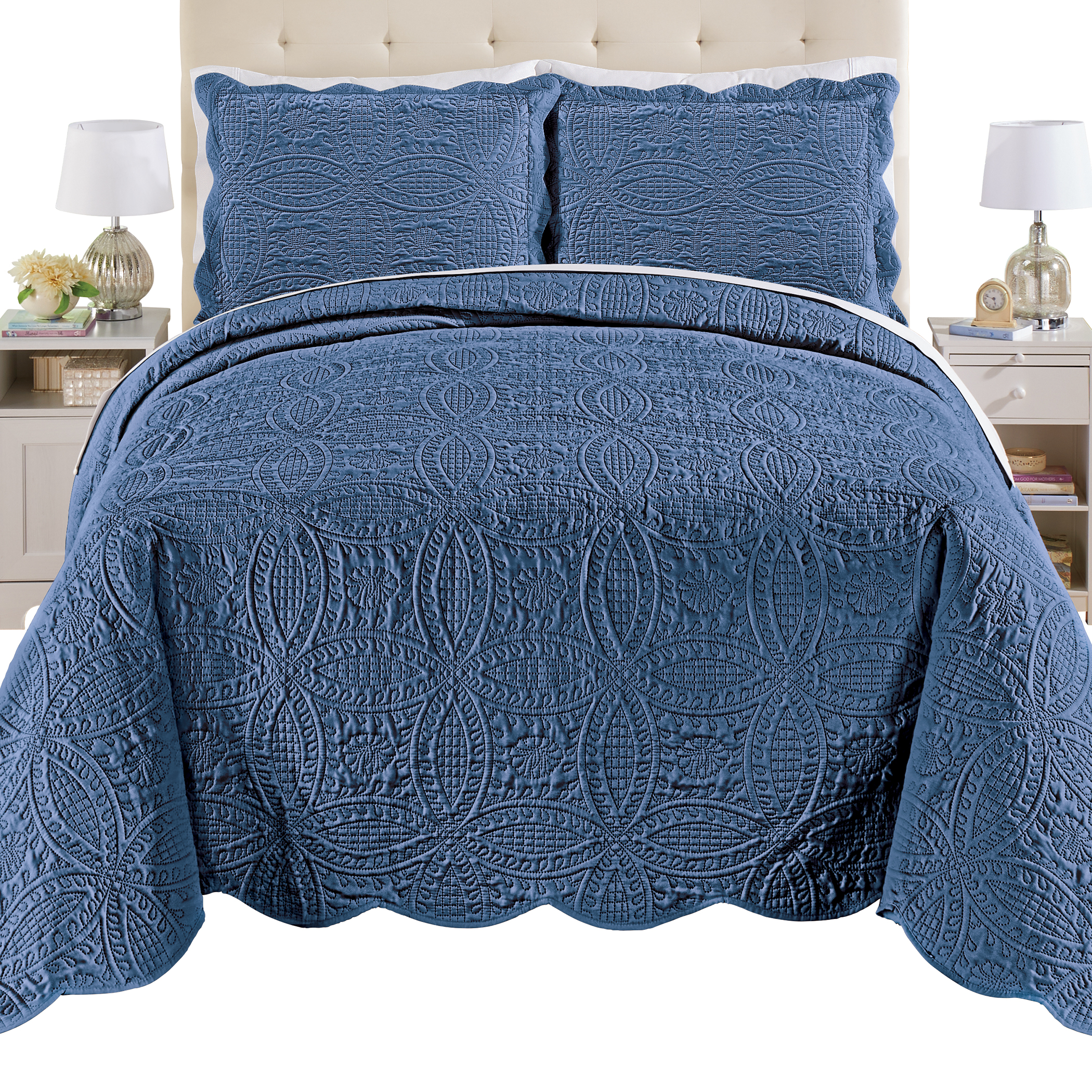 Bridget Textured Ring Design Oversized Scalloped Edge Bedspread Queen Gender Neutral Navy