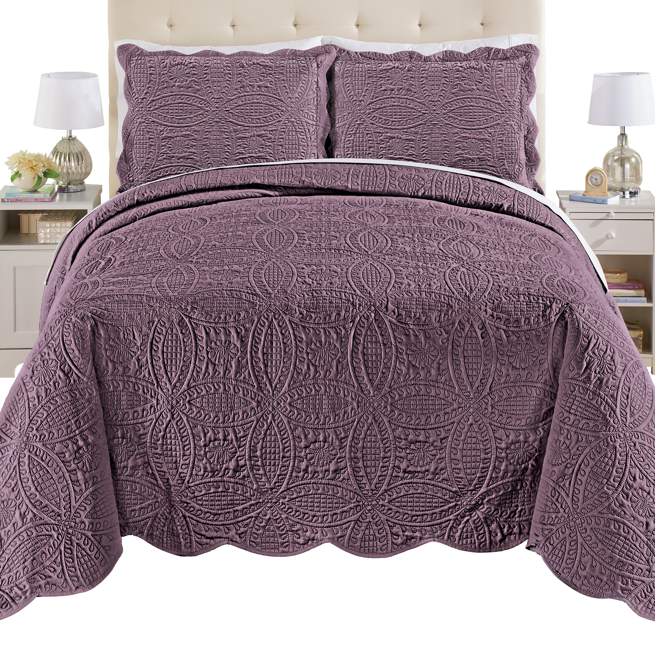 Bridget Textured Ring Design Oversized Scalloped Edge Bedspread King Gender Neutral Plum