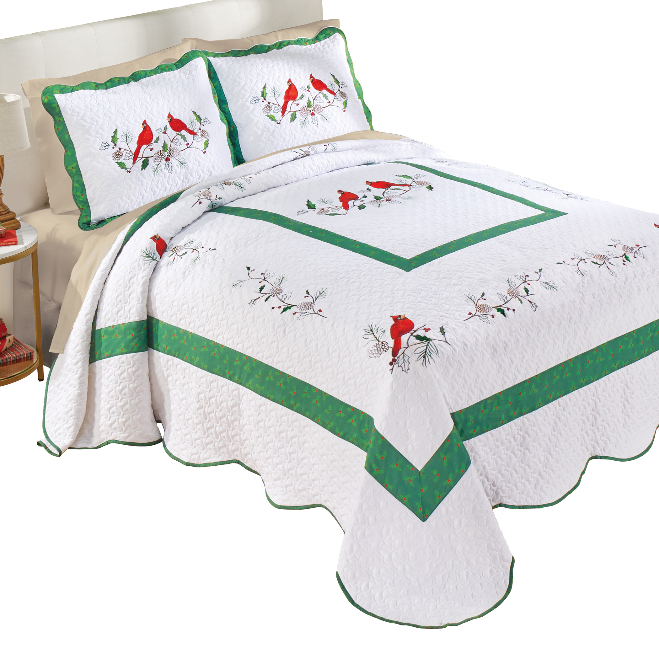 Cardinal Holly Embroidered Scalloped Edge Bedspread Queen Gender Neutral Cardinals