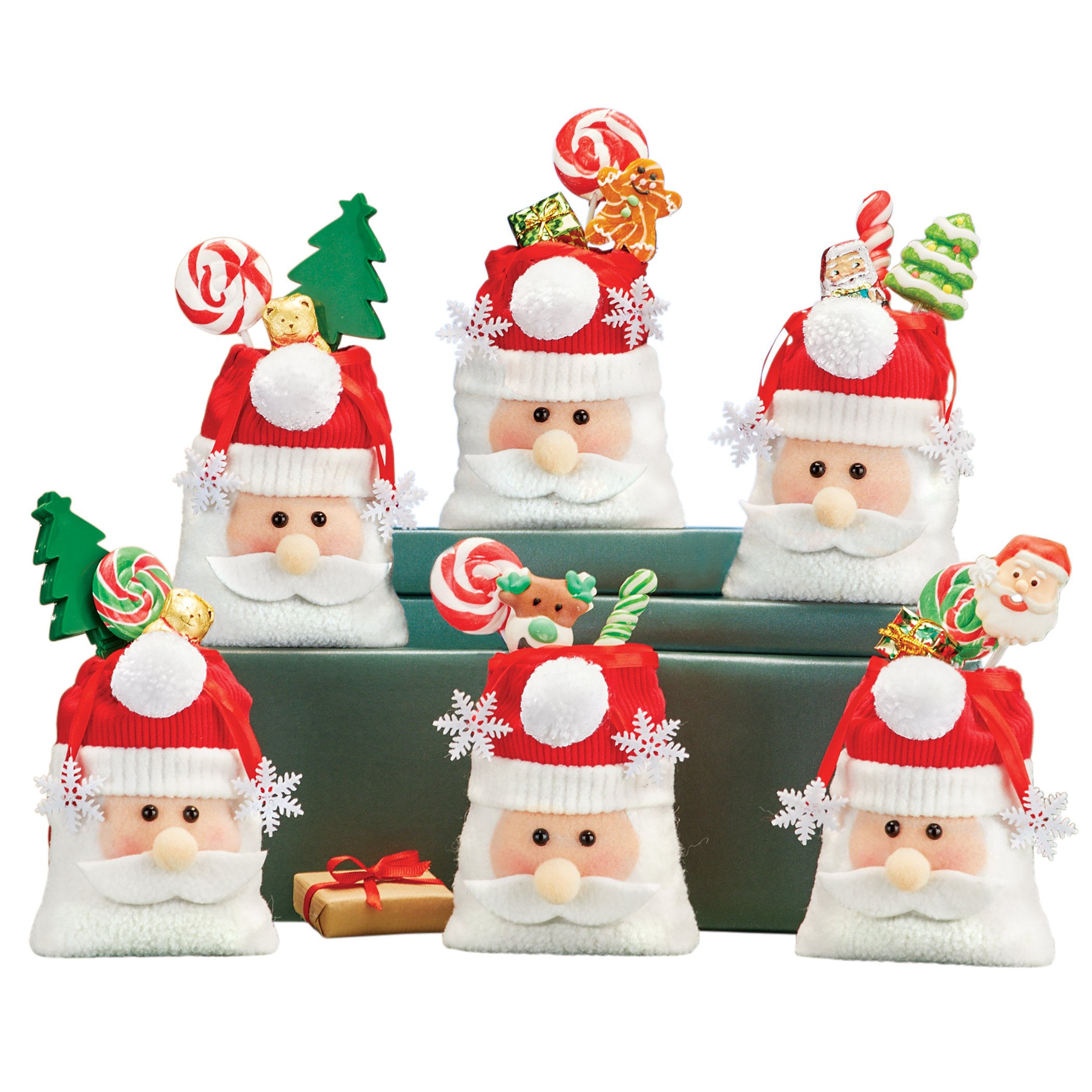 Jolly Fabric Santa Drawstring Treat Bags - Set of 6