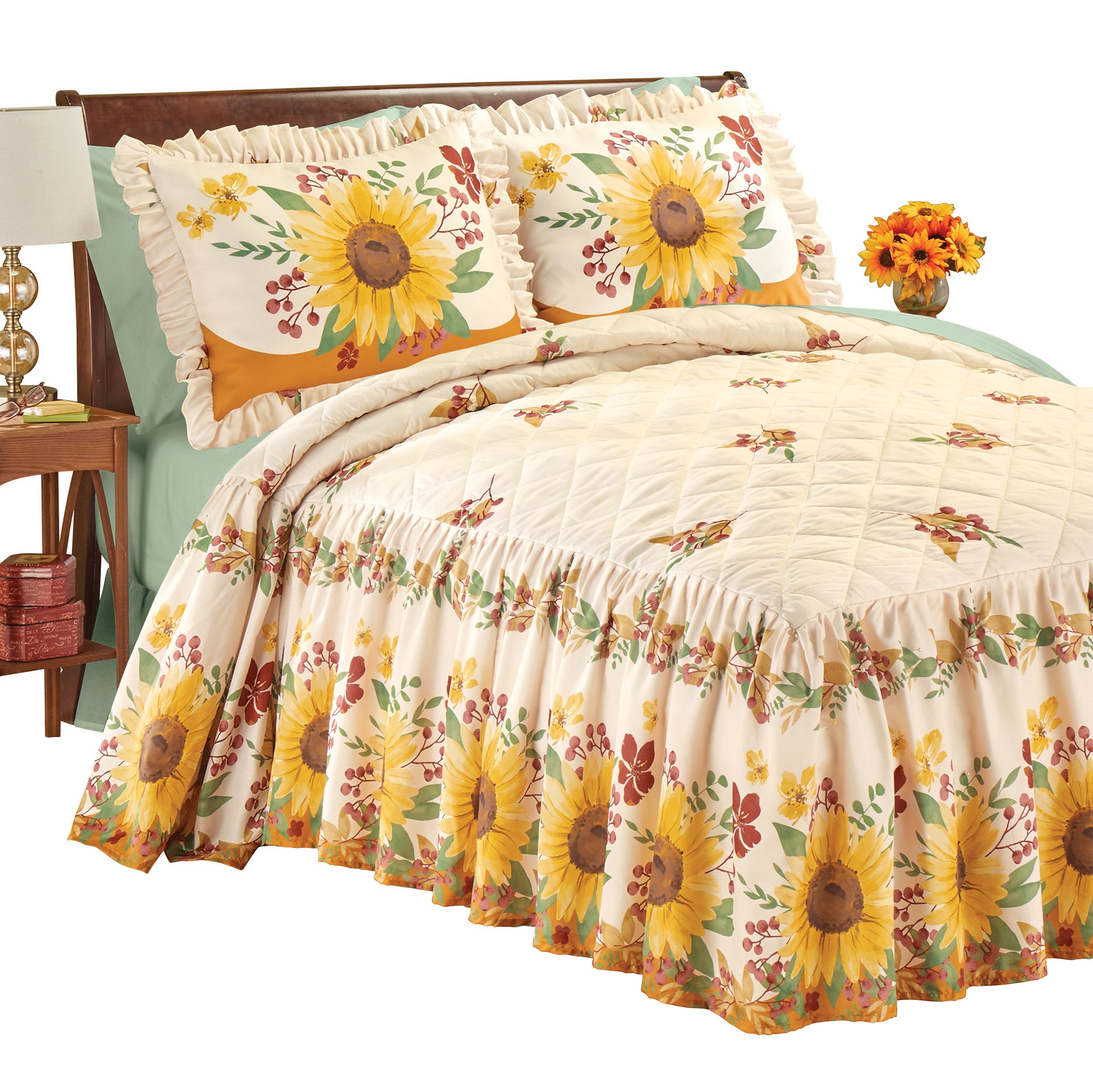 Charming Sunflower Ruffled Edge Quilt-Top Bedspread Queen Gender Neutral Multi