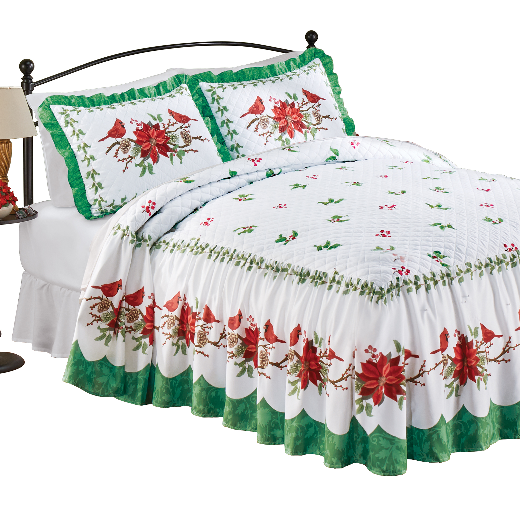 Cardinal Holly Ruffled Poinsettia Edge Bedspread King Gender Neutral Multi