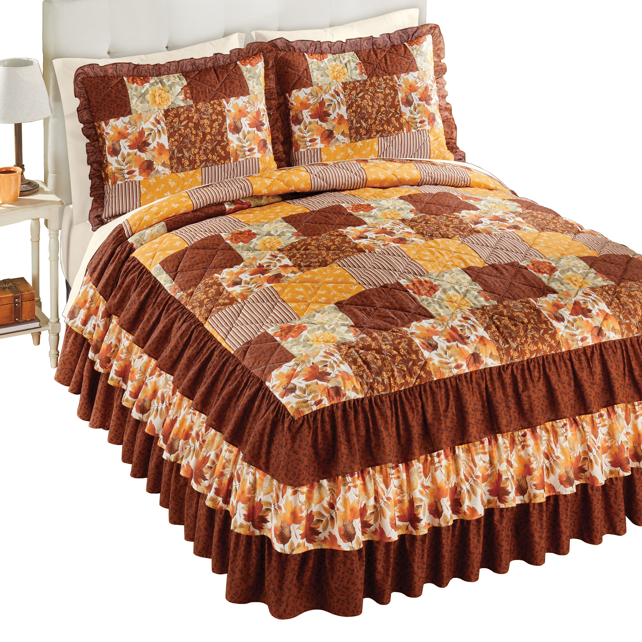 Autumn Patchwork Triple Ruffle Quilt-Top Bedspread Full Gender Neutral Brown
