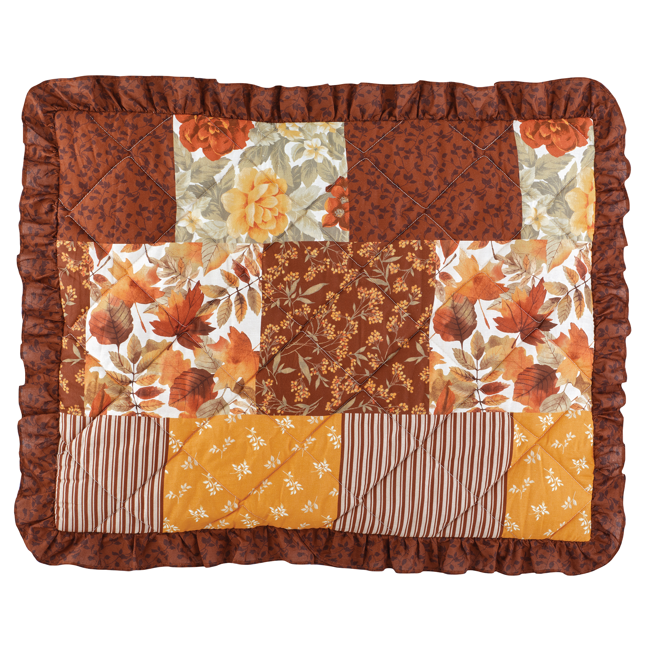 Autumn Patchwork Ruffled Edge Pillow Sham Gender Neutral Leaf Orange