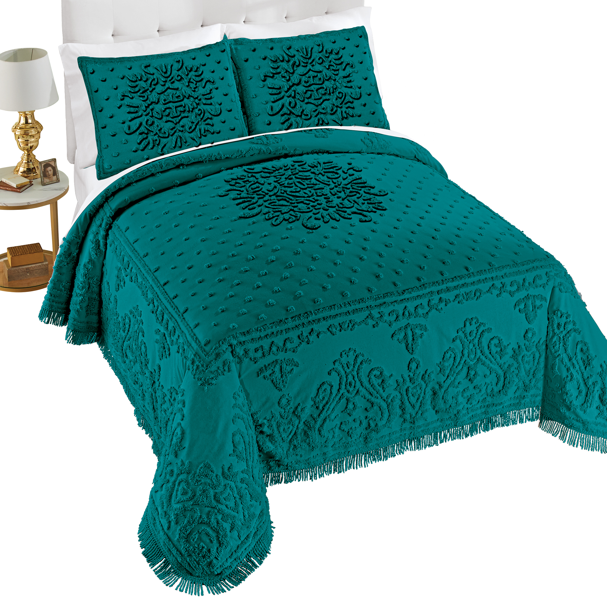 Cecilia Textured Chenille Fringe Border Bedspread Queen Gender Neutral Emerald