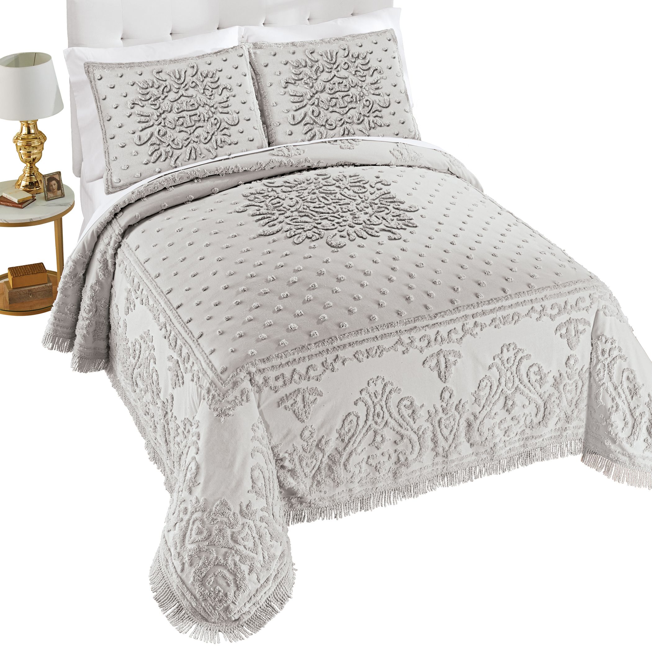 Cecilia Textured Chenille Fringe Border Bedspread Queen Gender Neutral Silver