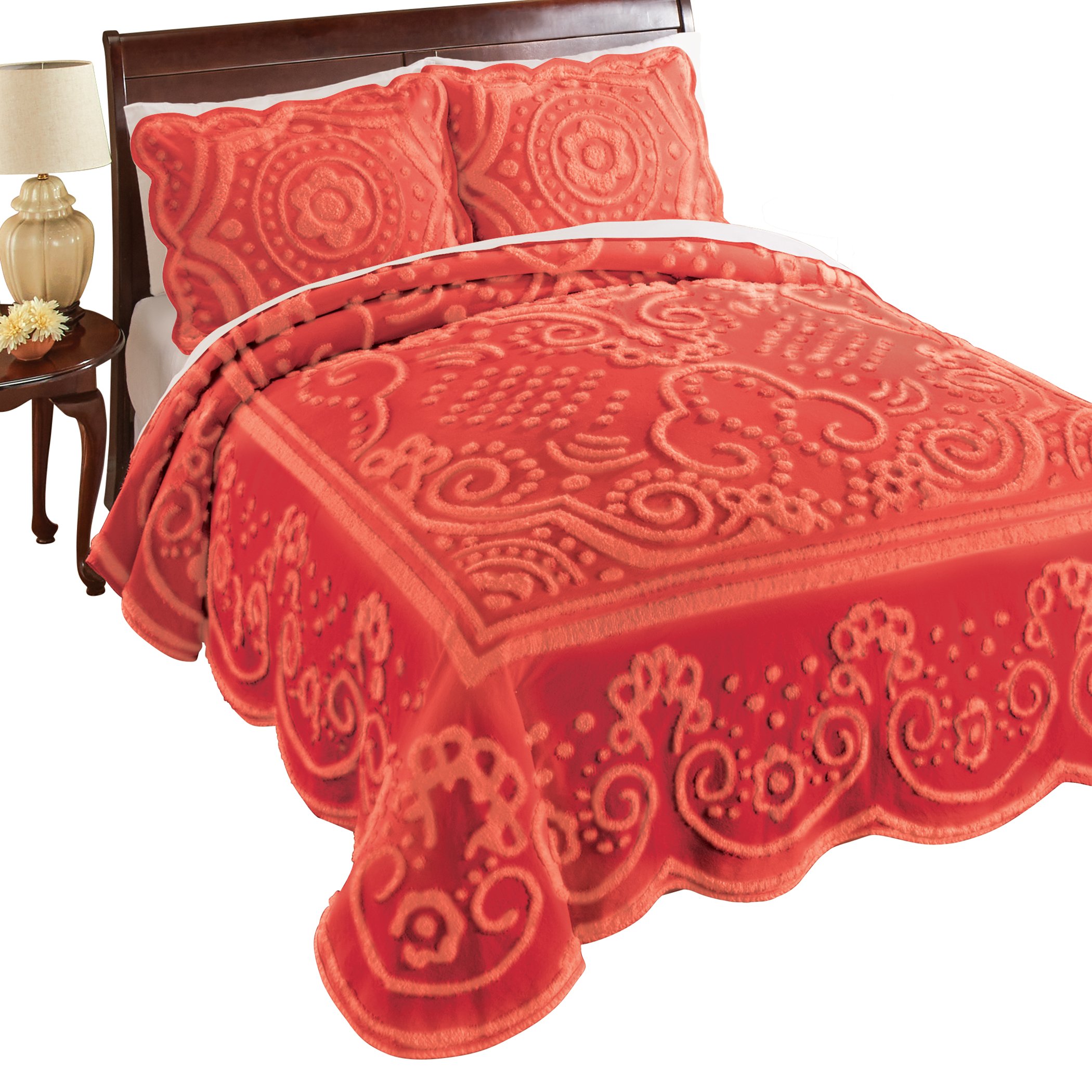 Elegant Tufted Chenille Medallion Scalloped Edge Bedspread Queen Gender Neutral Rust