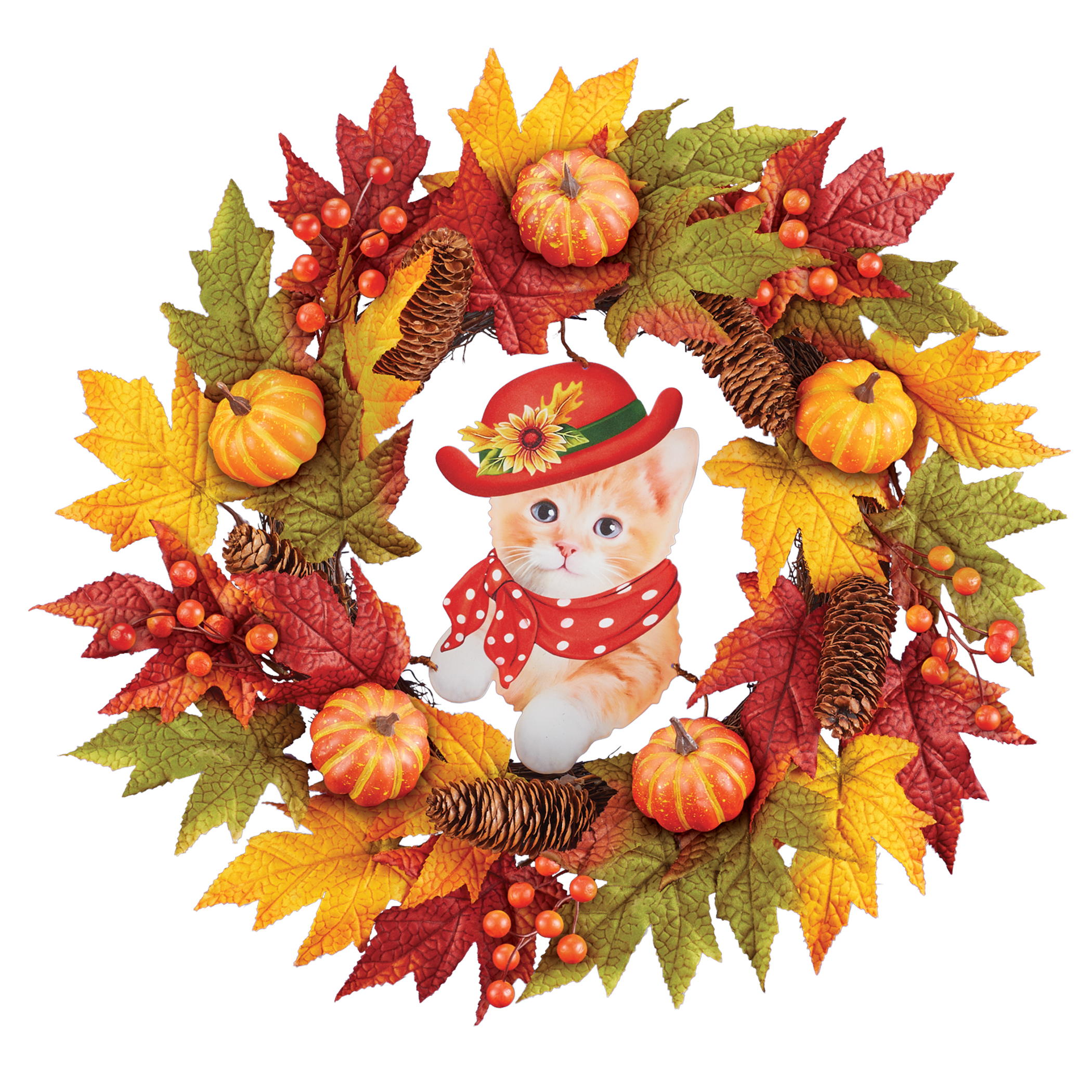 Charming Autumn Cat Artificial Leaves and Pumpkins Hanging Wreath