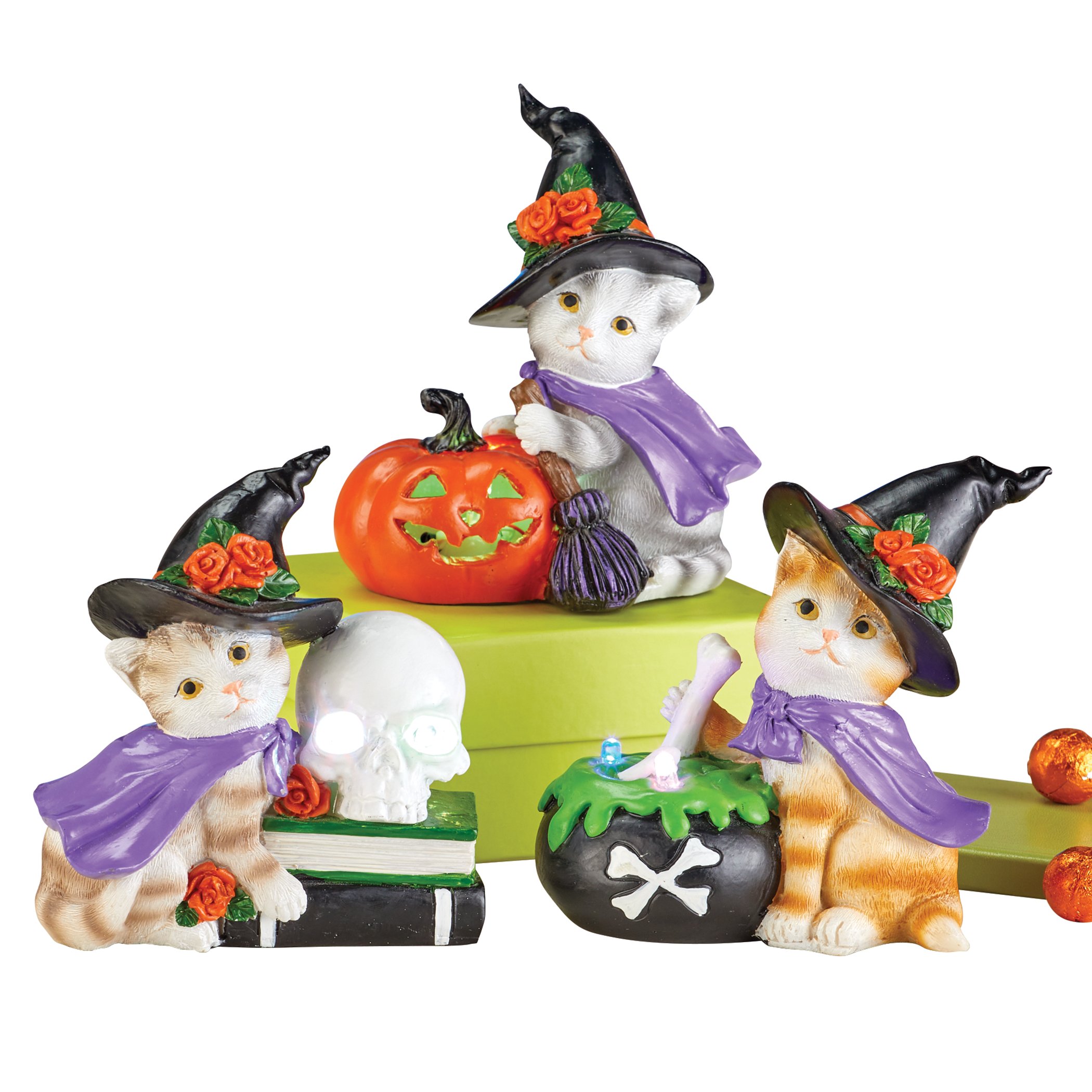 3-Piece LED Lighted Hand-Painted Witch Cat Halloween Sitters