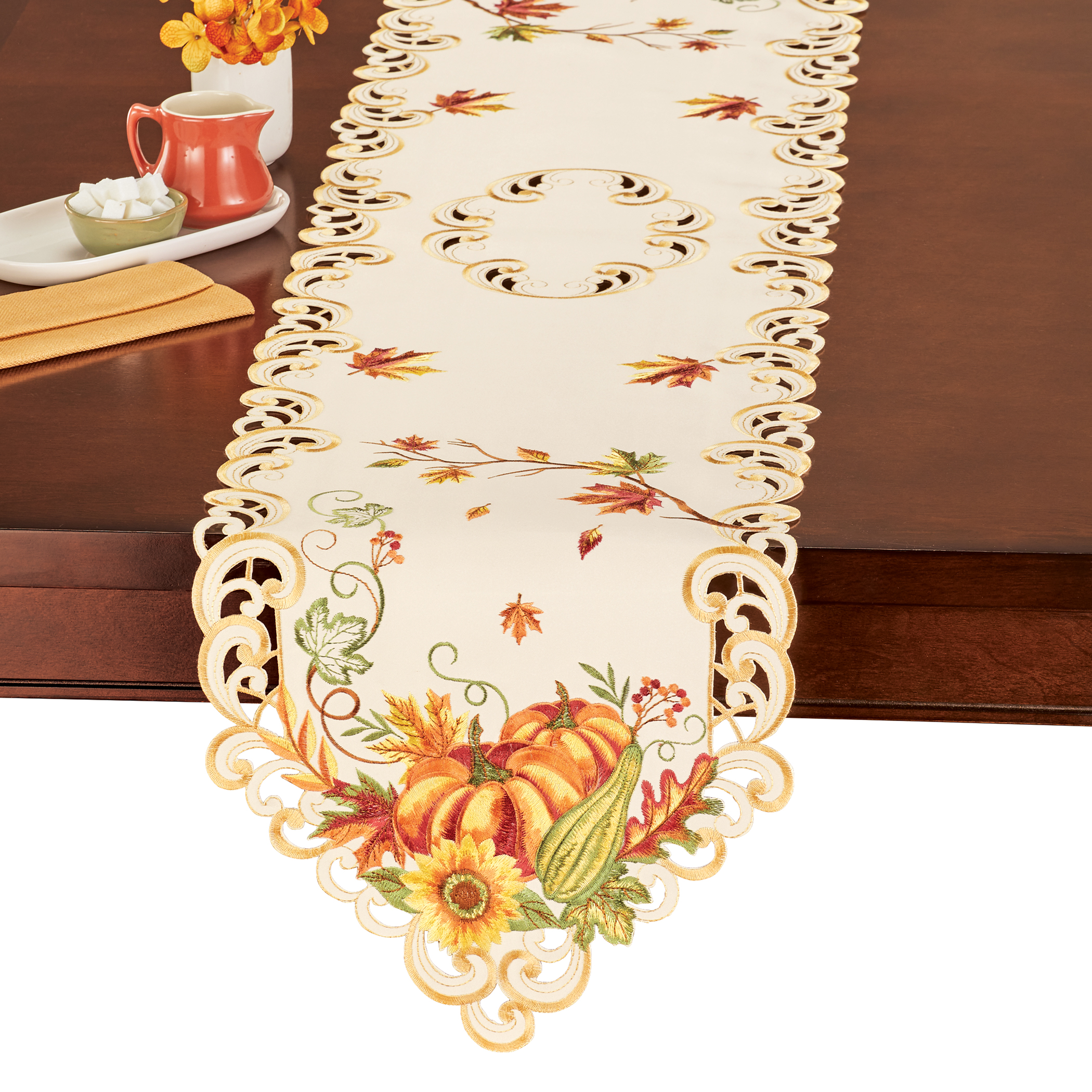 Embroidered Pumpkin Floral Scroll Accents Table Linens Runner