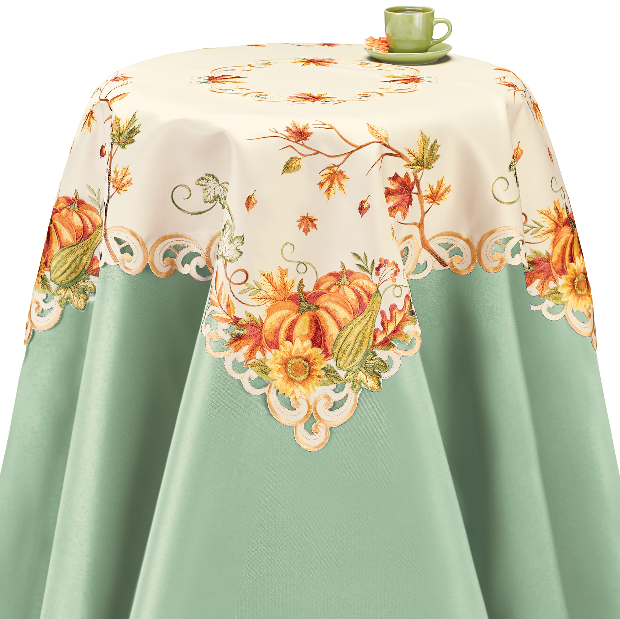 Embroidered Pumpkin Floral Scroll Accents Table Linens Square