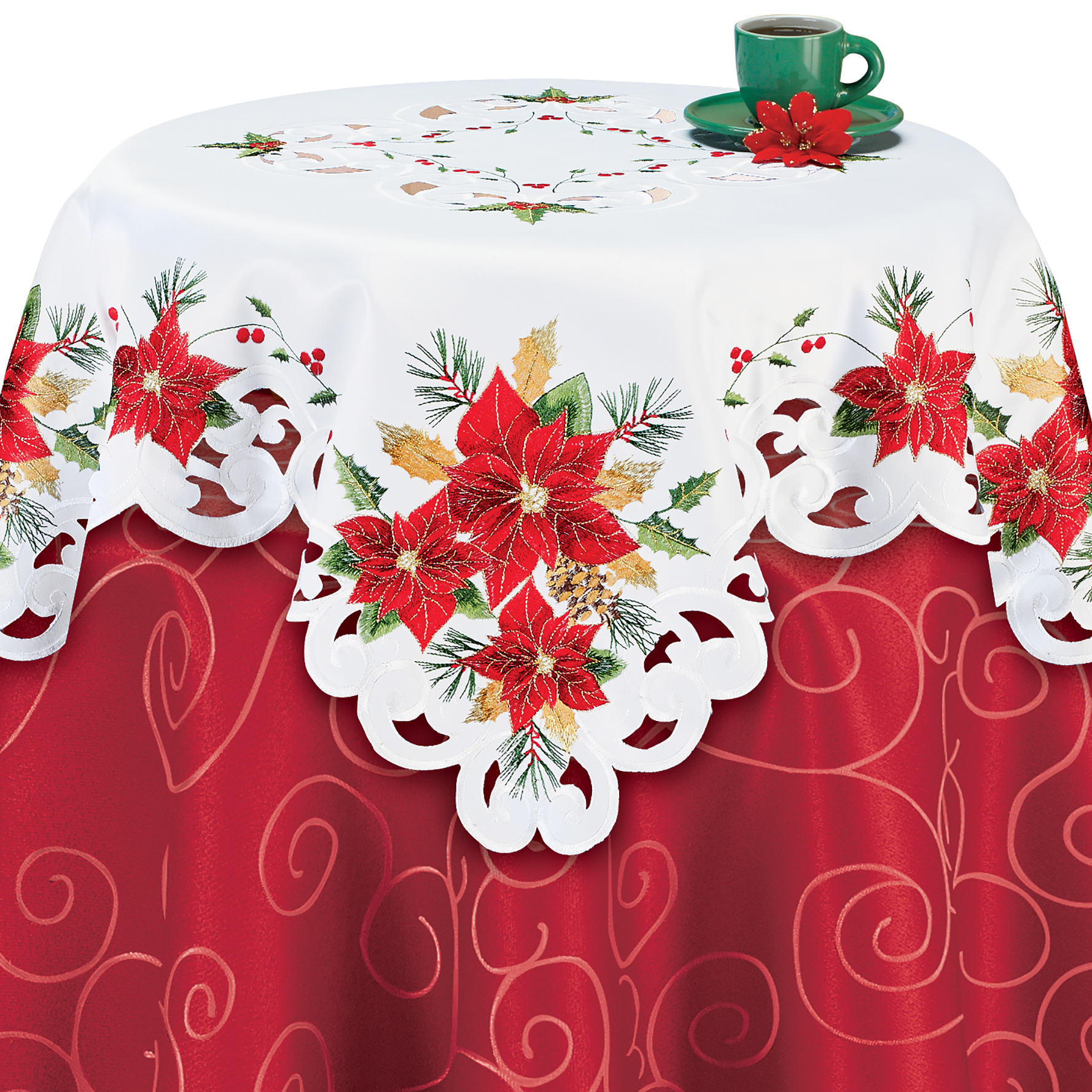 Embroidered Poinsettia Bouquet Festive Table Linens Square