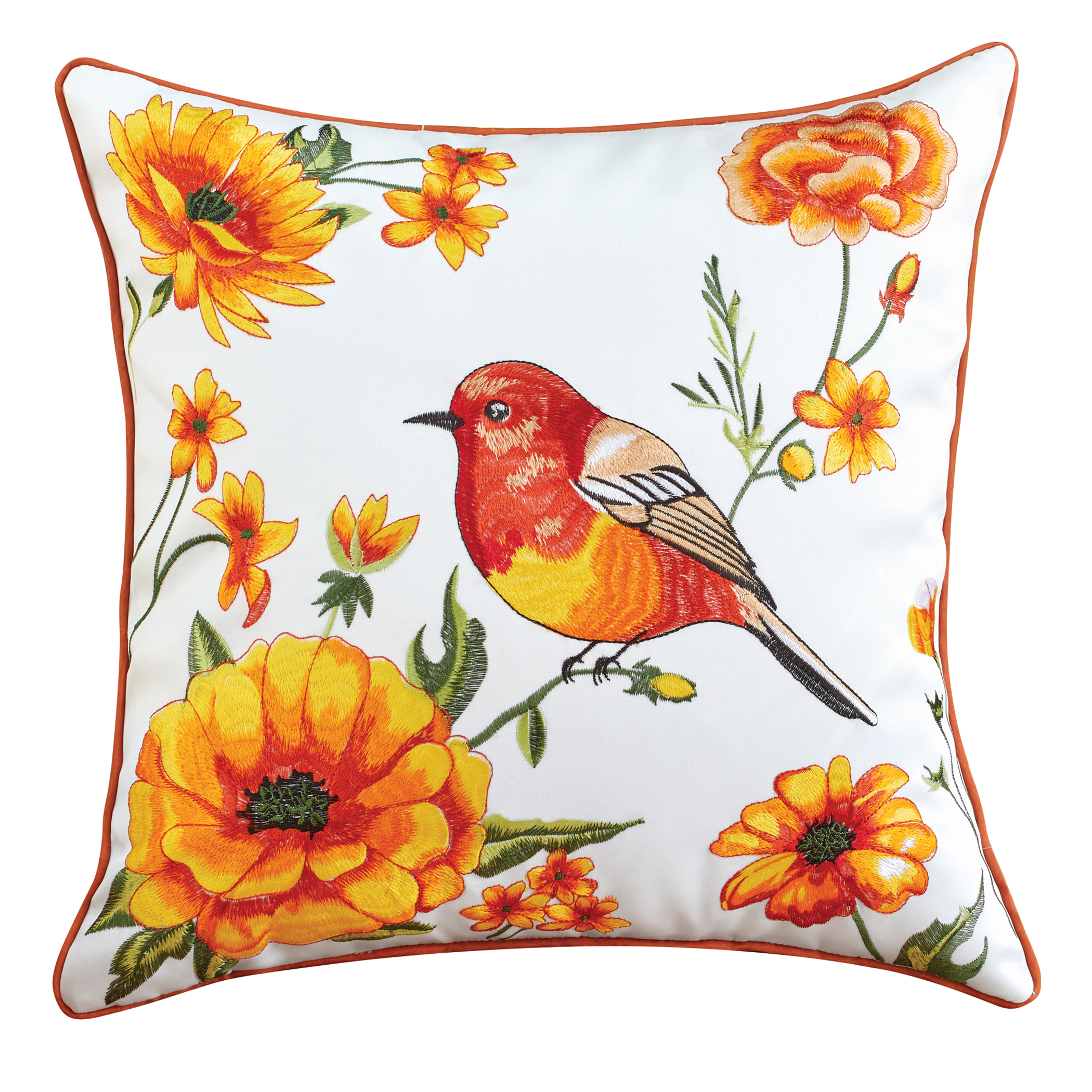Embroidered Fall Floral Bird Removable Cover Accent Pillow Gender Neutral
