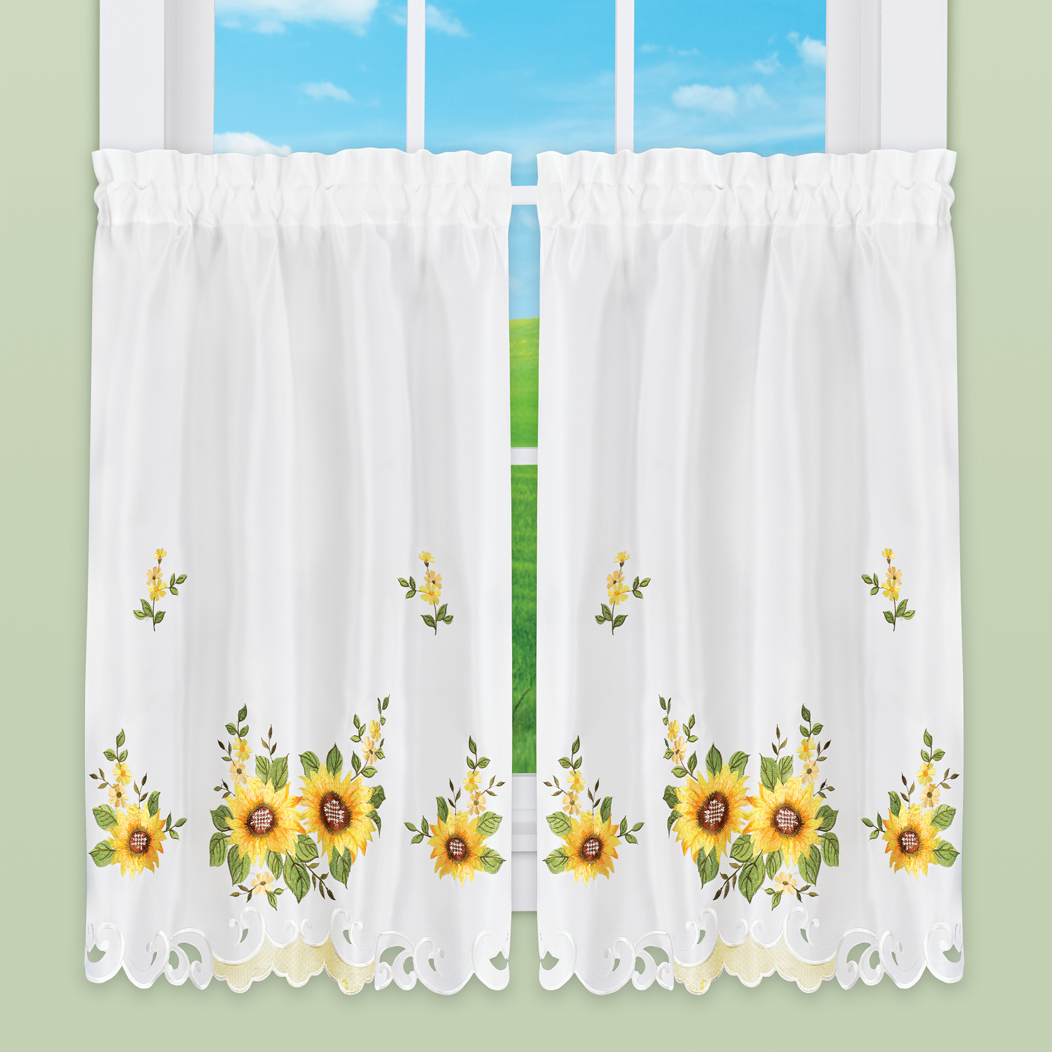 Embroidered Sunflower Cluster Caf� Kitchen Curtains - Picture 8 of 9