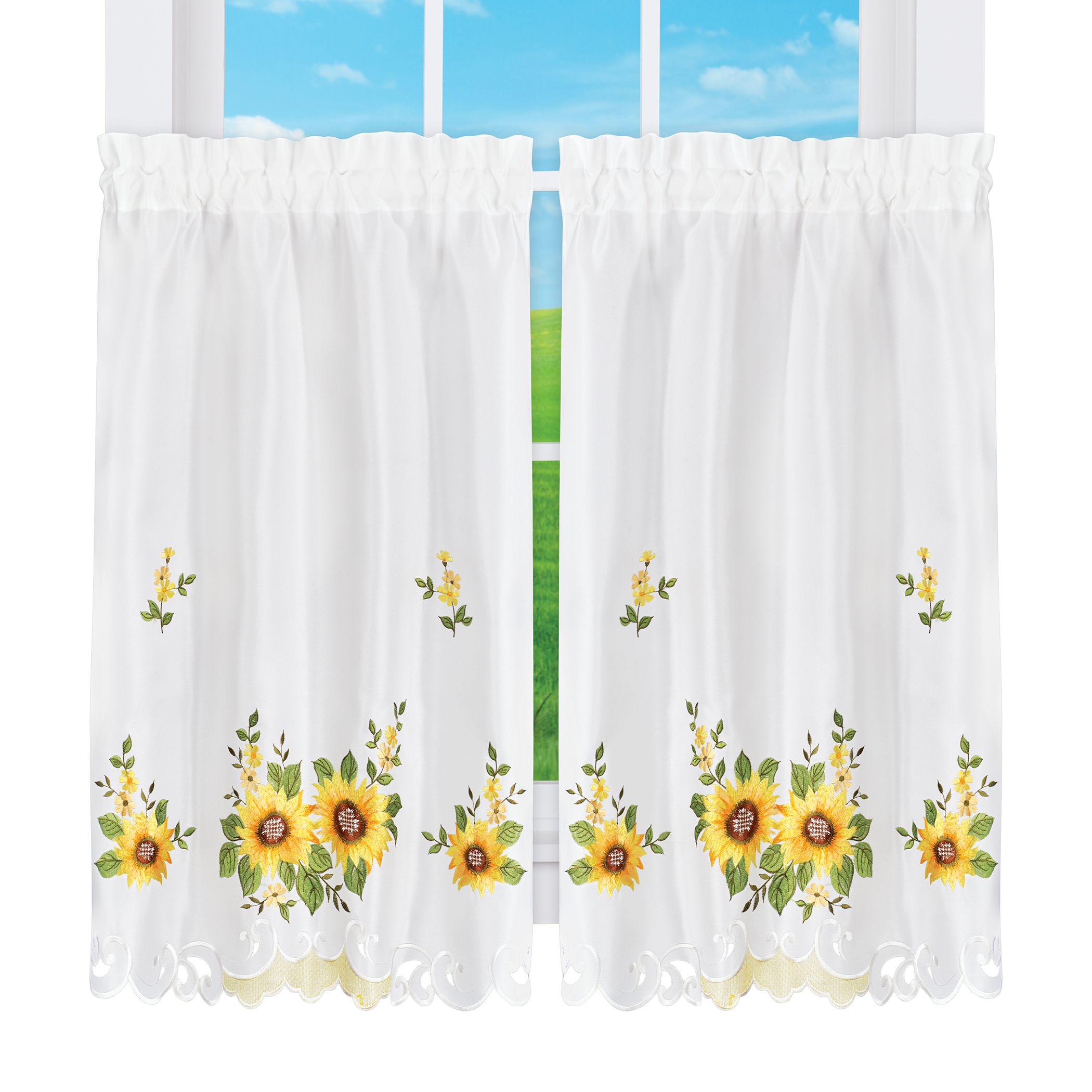 Embroidered Sunflower Cluster Caf� Kitchen Curtains - Picture 7 of 9