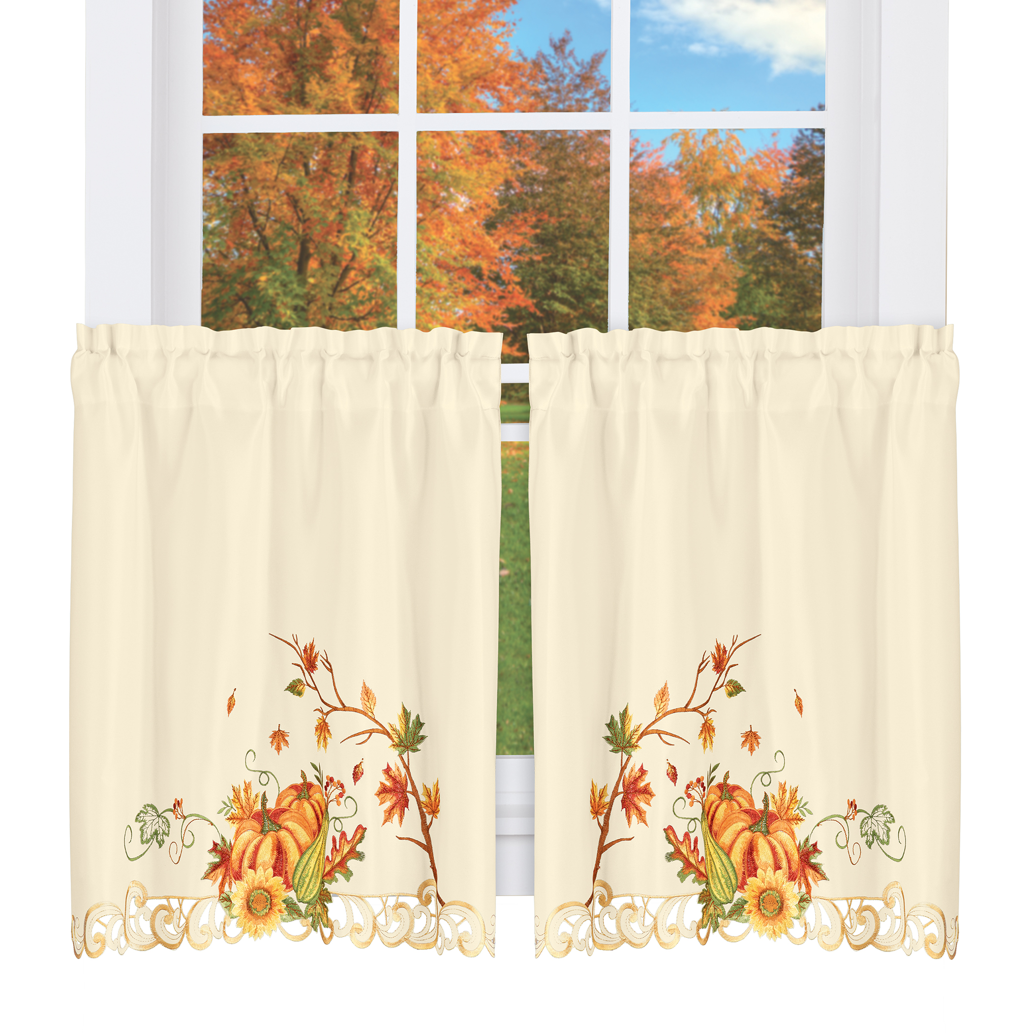 Embroidered Pumpkins Floral Café Kitchen Curtains 24"L Tiers
