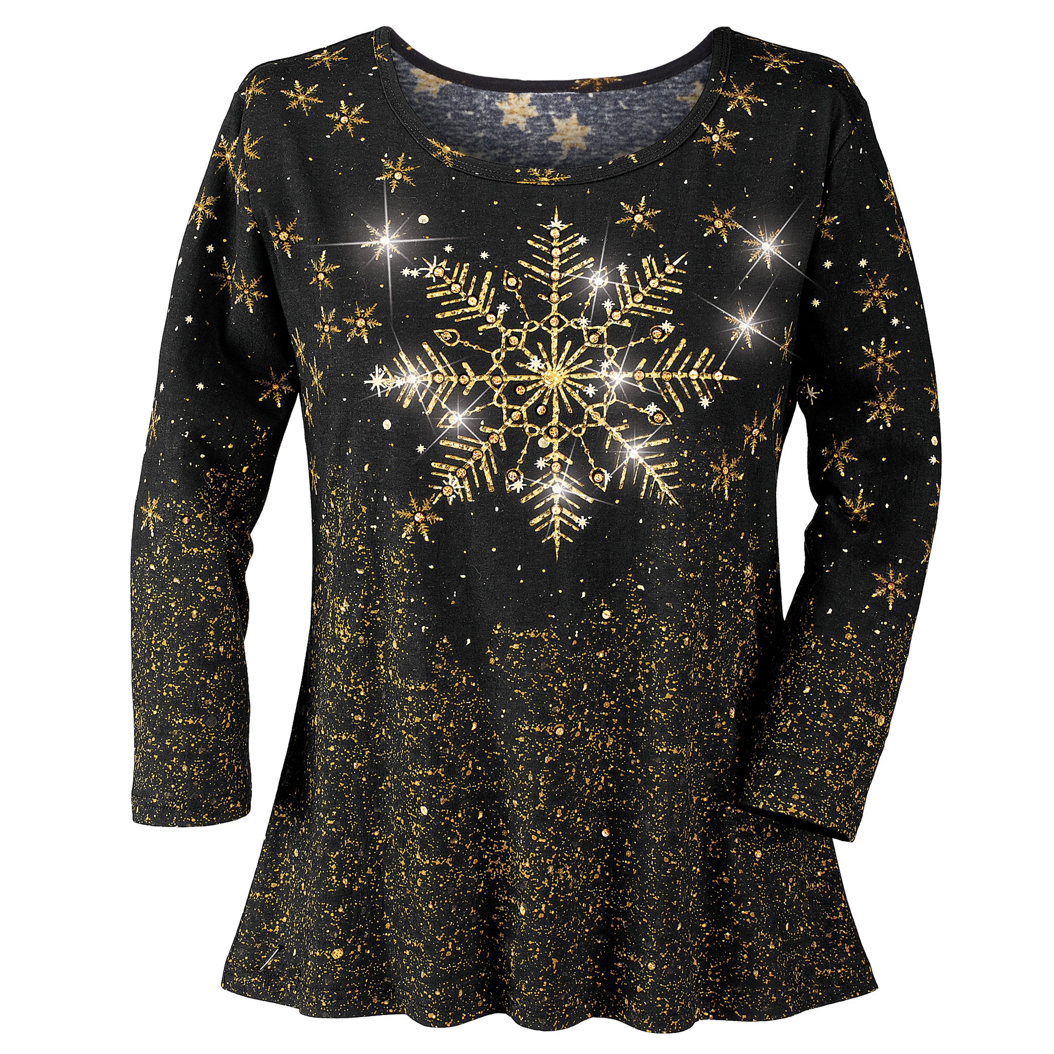 Festive Shimmering Snowflake 3/4 Length Sleeve Cotton Top Large Women Black