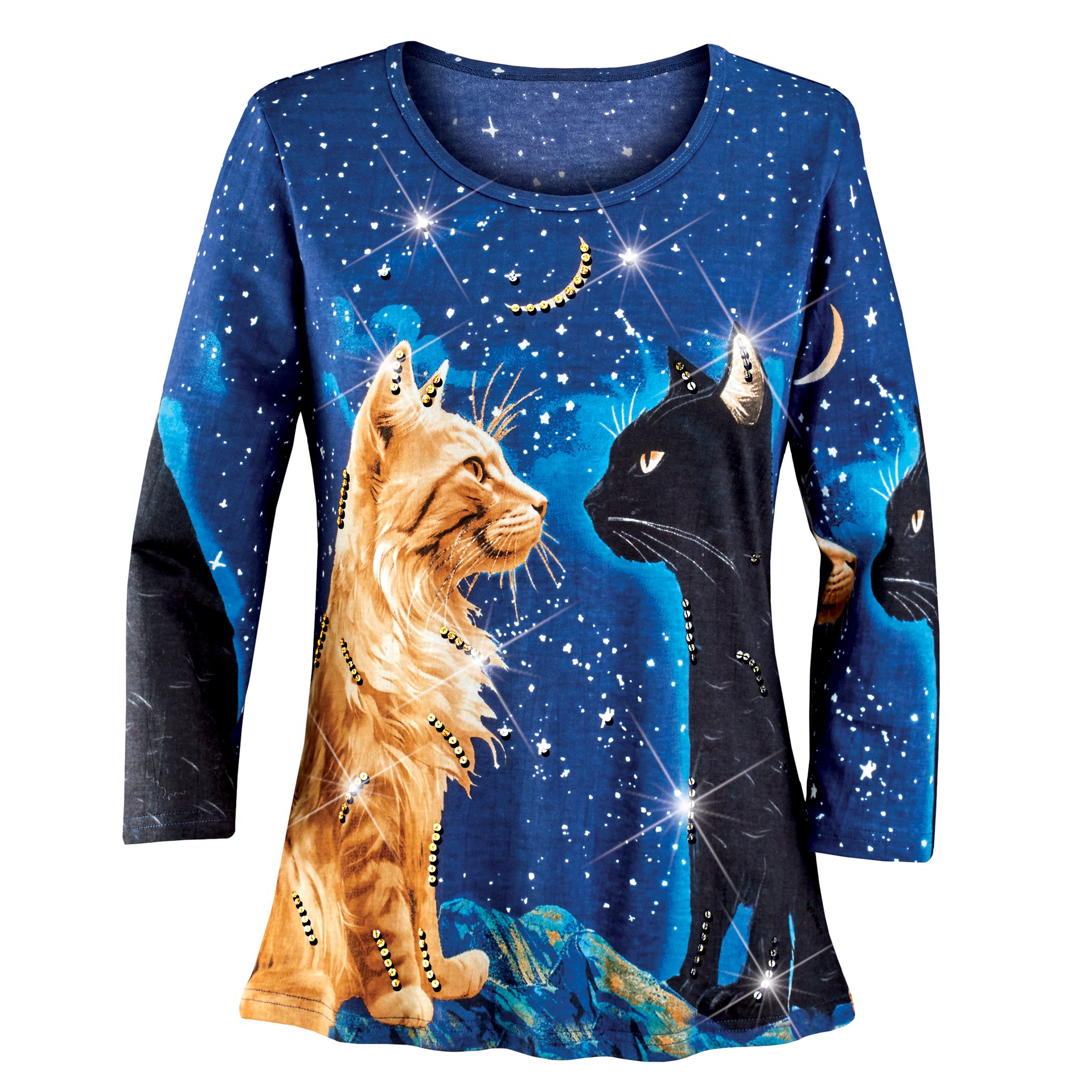 Celestial Cats Sequin Accented 3/4 Length Sleeve Top XX-Large Women Navy