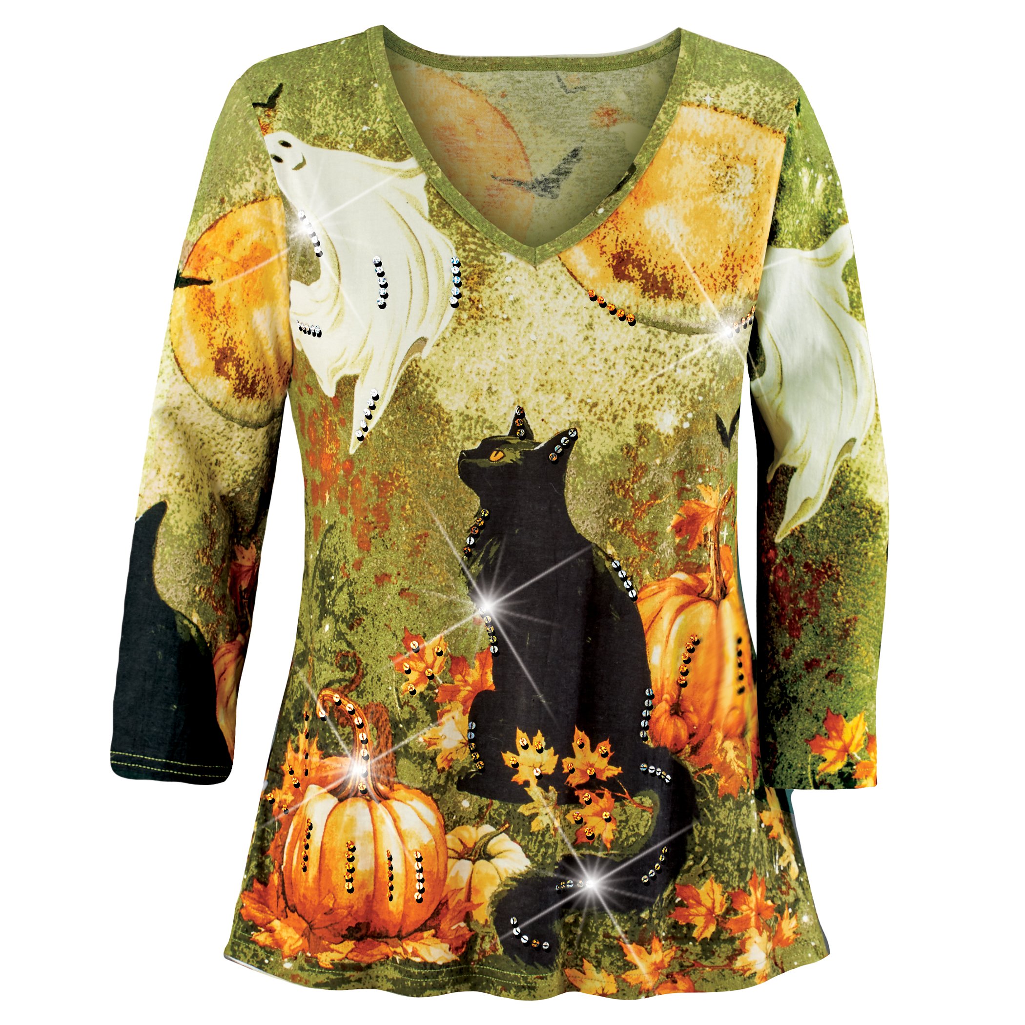 Ghostly Pumpkin Patch Sequin Accents Halloween Top XX-Large Women Sage