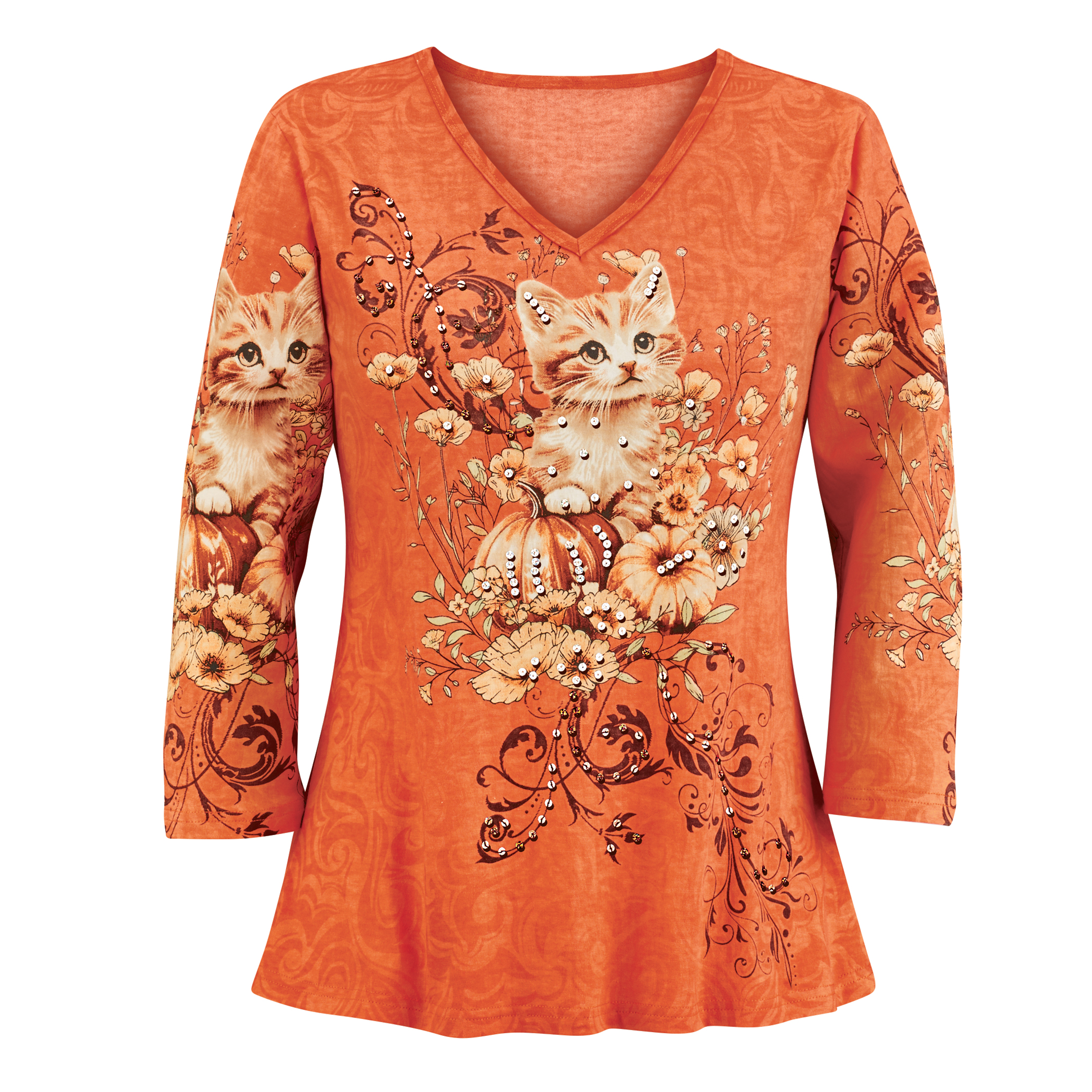 Autumn Kitten Sequin Detailed V-Neck 3/4 Length Sleeve Top X-Large Women pumpkin spice