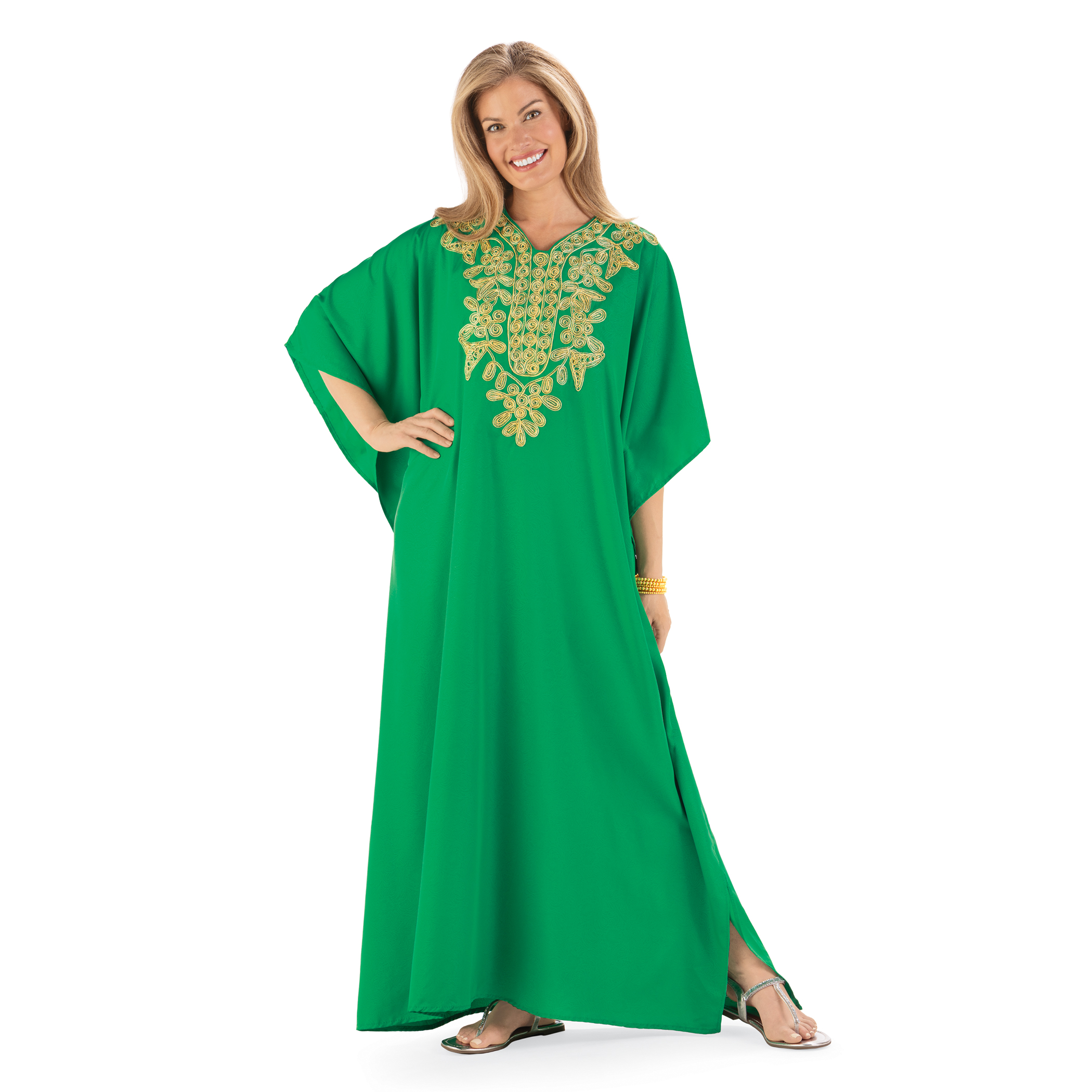 Elegant Golden Swirl Embroidered V-Neck Caftan OneSize Women Emerald