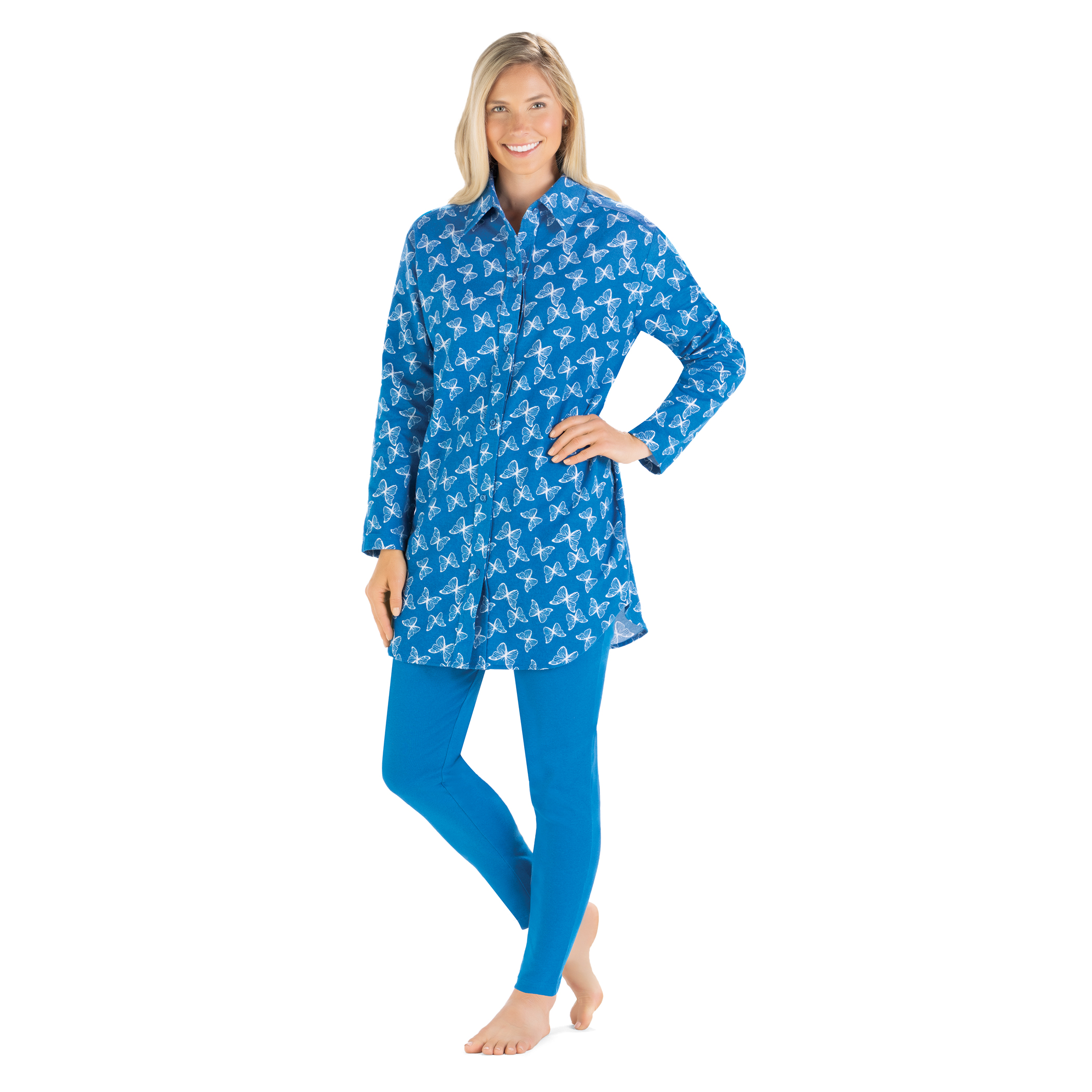 Butterfly Print 2-Piece Button-Down Tunic & Leggings Set Large Women Cobalt