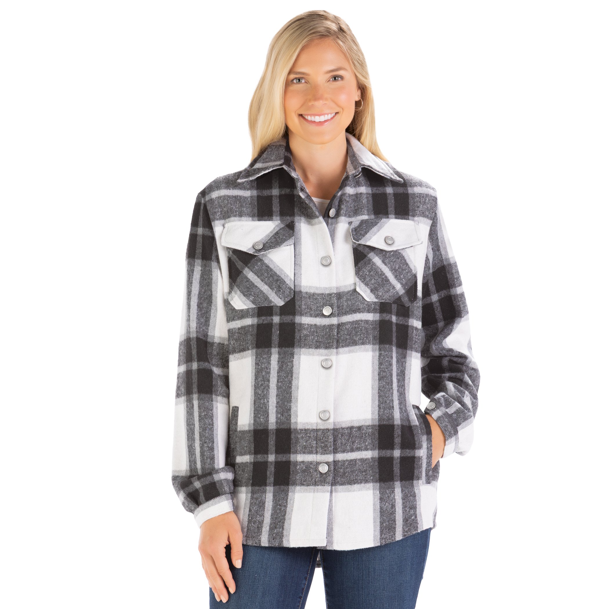 Ladies Plaid Cozy Button-Front Shirt Jacket XX-Large Women Black