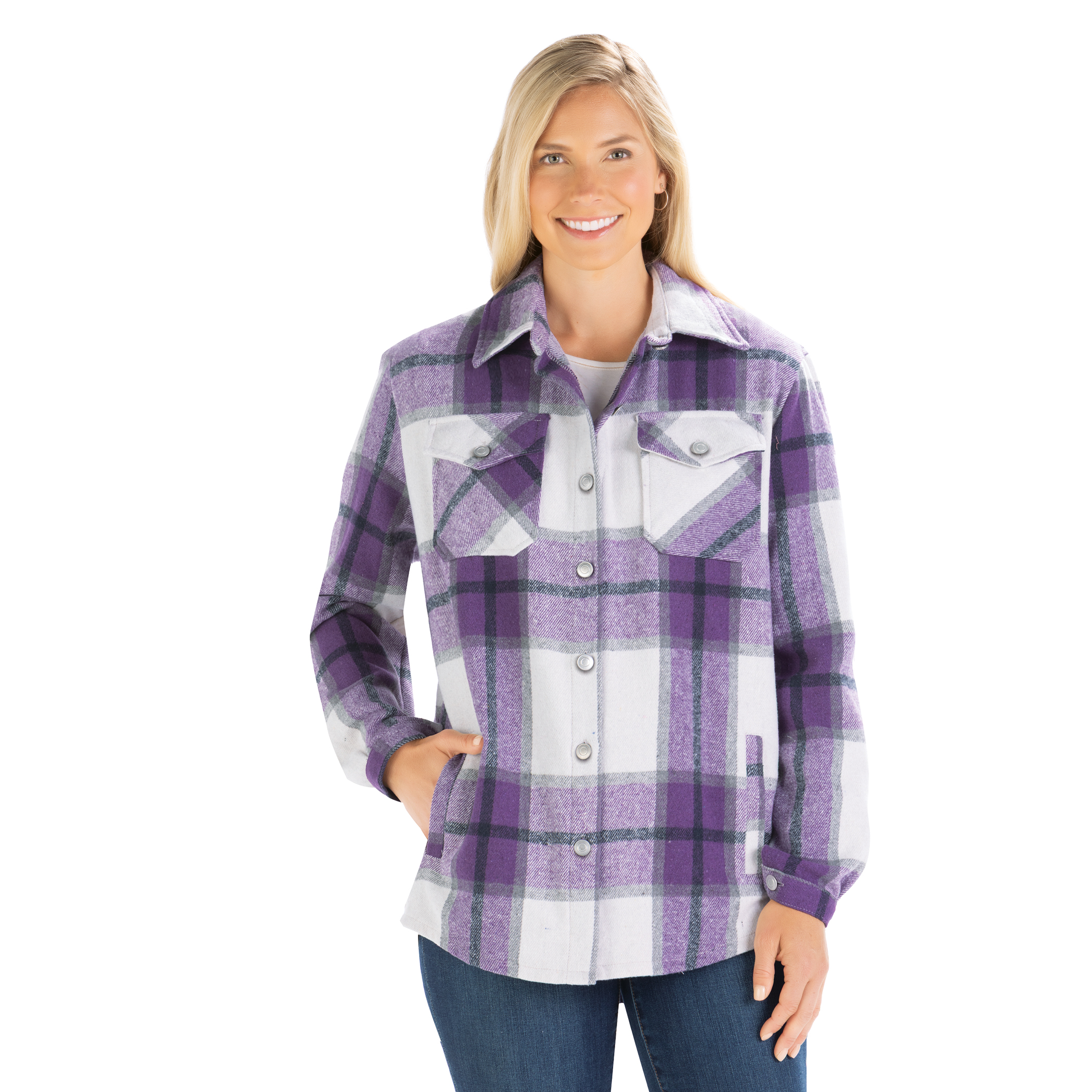 Ladies Plaid Cozy Button-Front Shirt Jacket XX-Large Women Purple