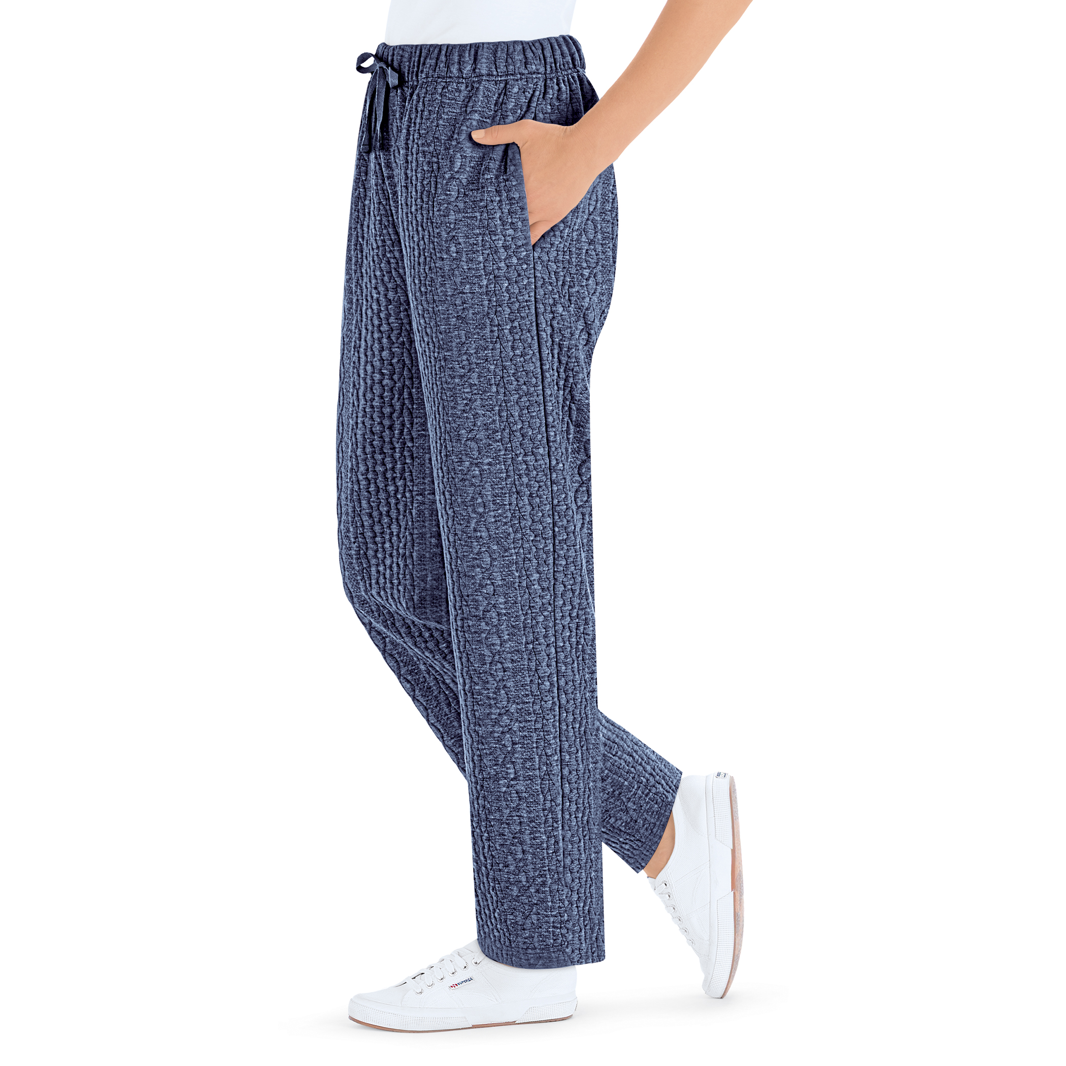 Textured Knit Drawstring Elasticized Waist Pull-On Pants with Pockets XX-Large Women Blue
