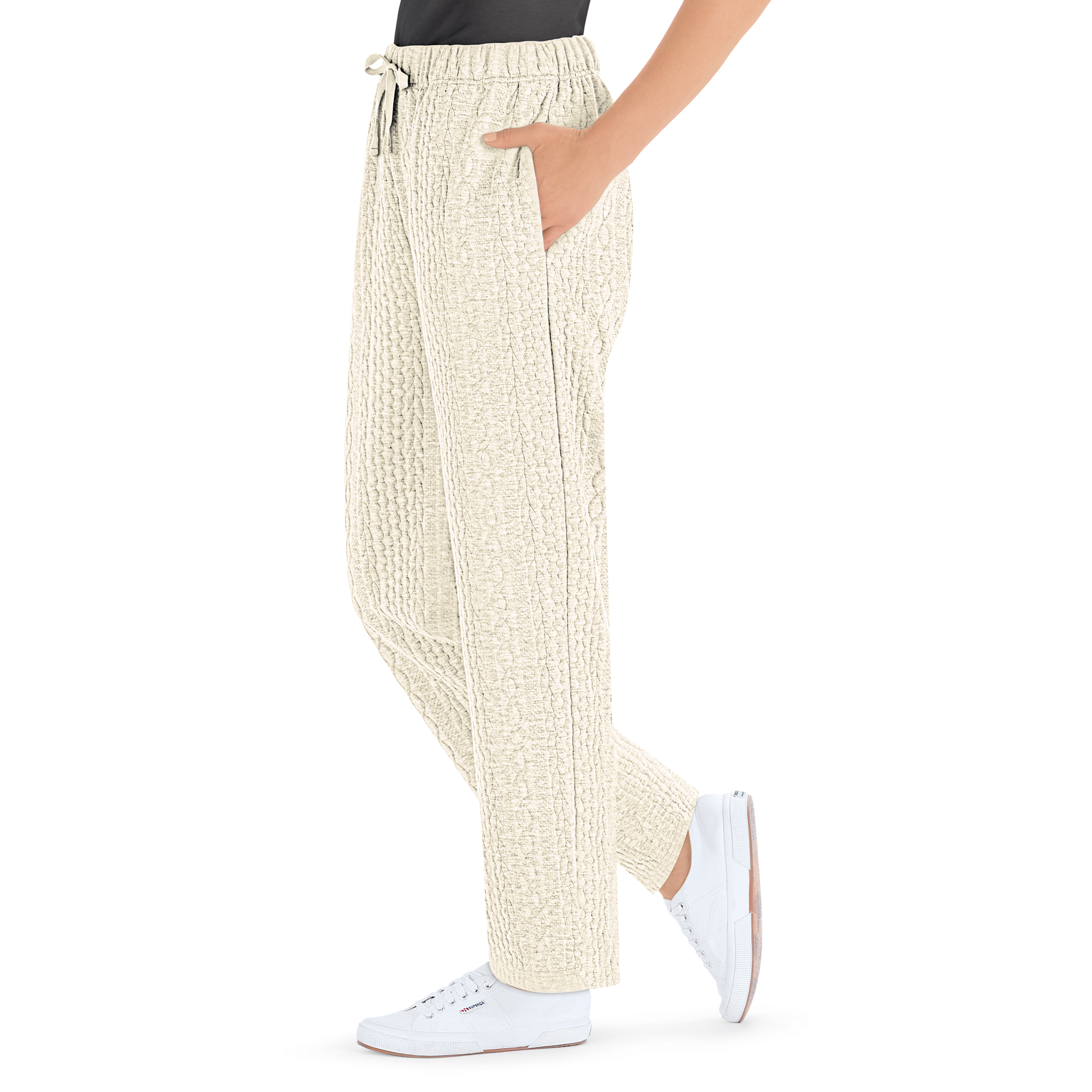 Textured Knit Drawstring Elasticized Waist Pull-On Pants with Pockets X-Large Women Ivory
